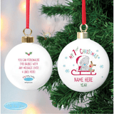 personalised baby's first christmas tiny tatty bauble with a teddy bear on a sledge