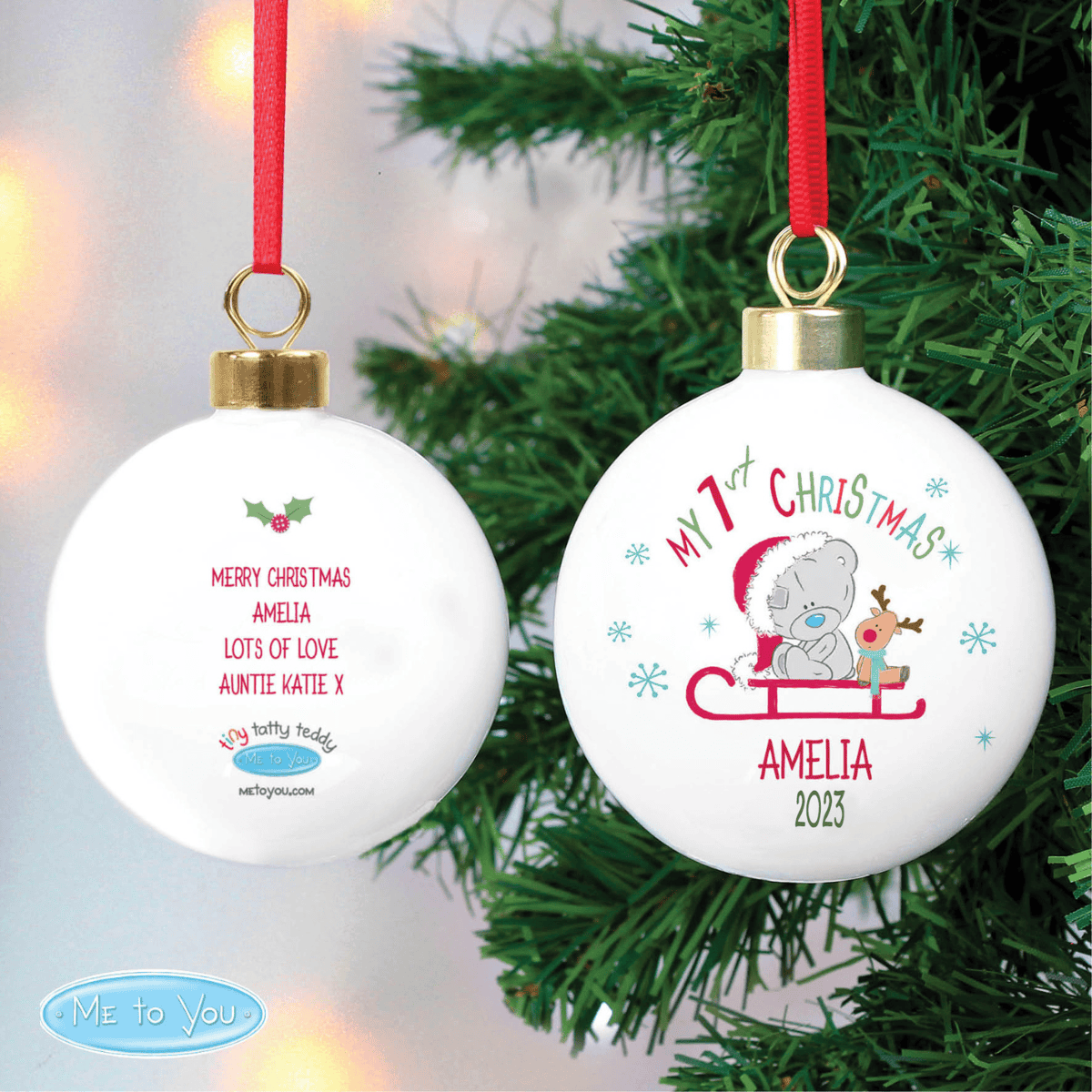 personalised baby's first christmas tiny tatty bauble with a teddy bear on a sledge