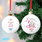 personalised baby's first christmas tiny tatty bauble with a teddy bear on a sledge