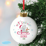 personalised baby's first christmas tiny tatty bauble with a teddy bear on a sledge