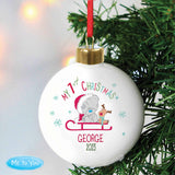 personalised first christmas bauble with tiny tatty teddy design on the front