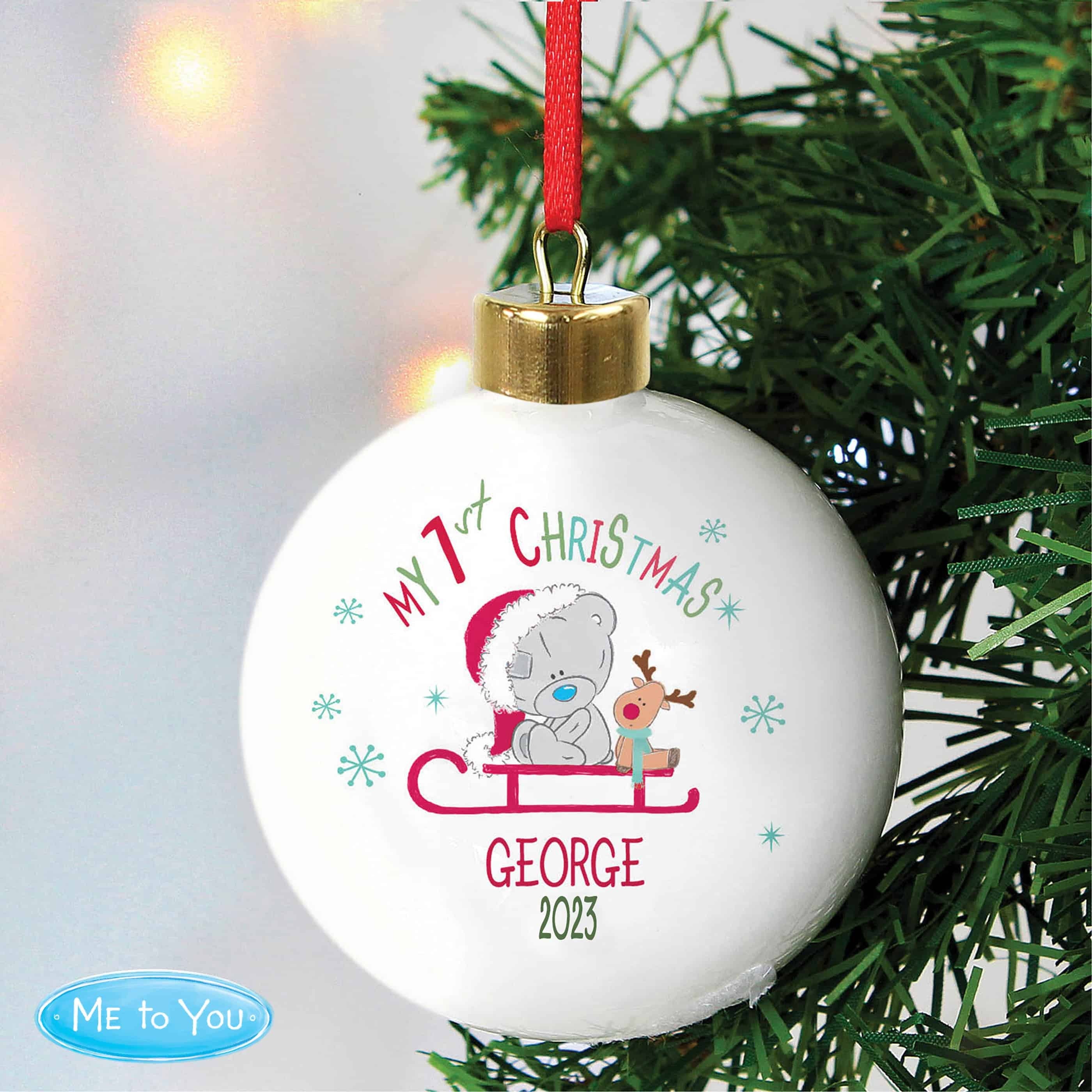 personalised first christmas bauble with tiny tatty teddy design on the front