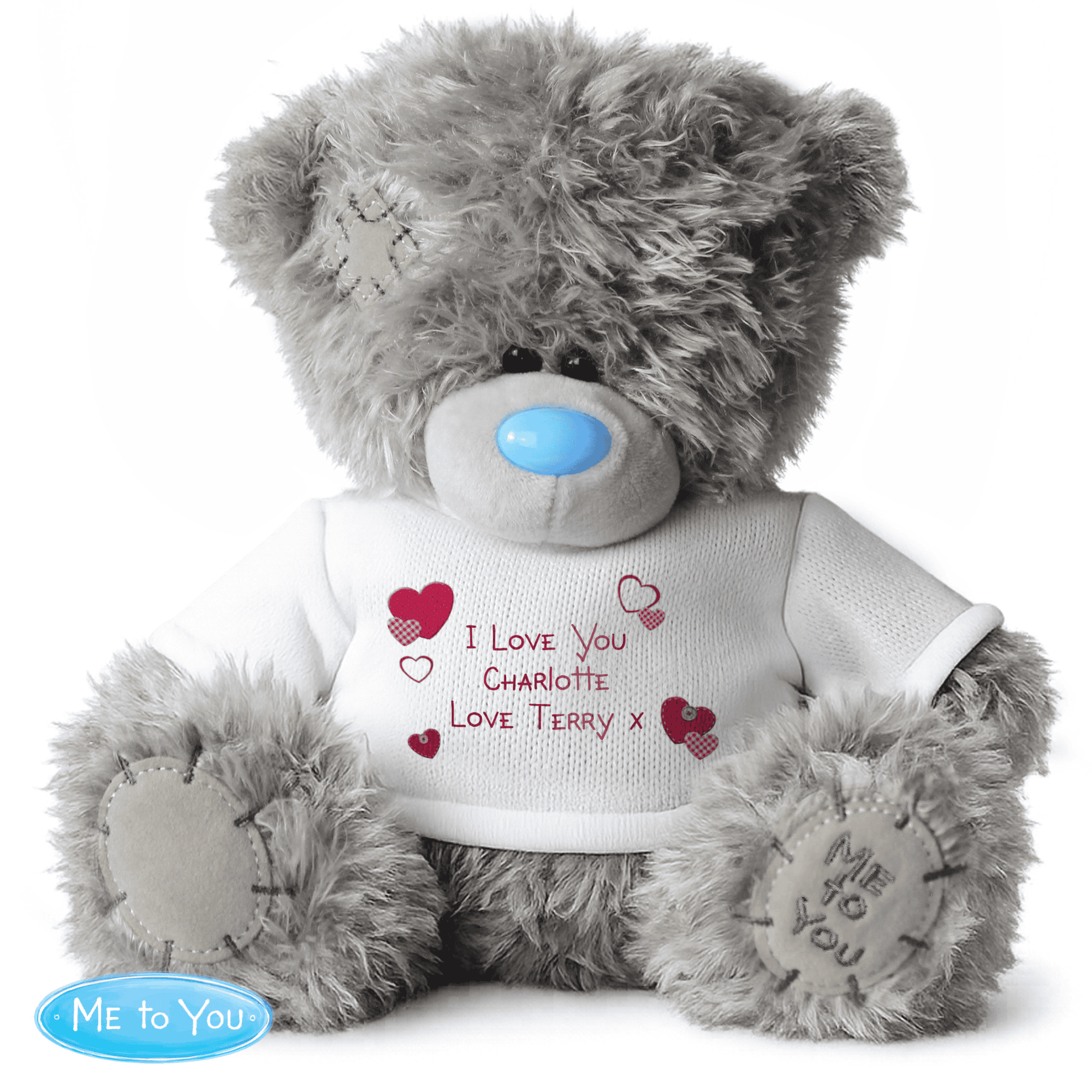 personalised tiny tatty teddy bear with any message personalised over 3 lines on the white jumper with red hearts