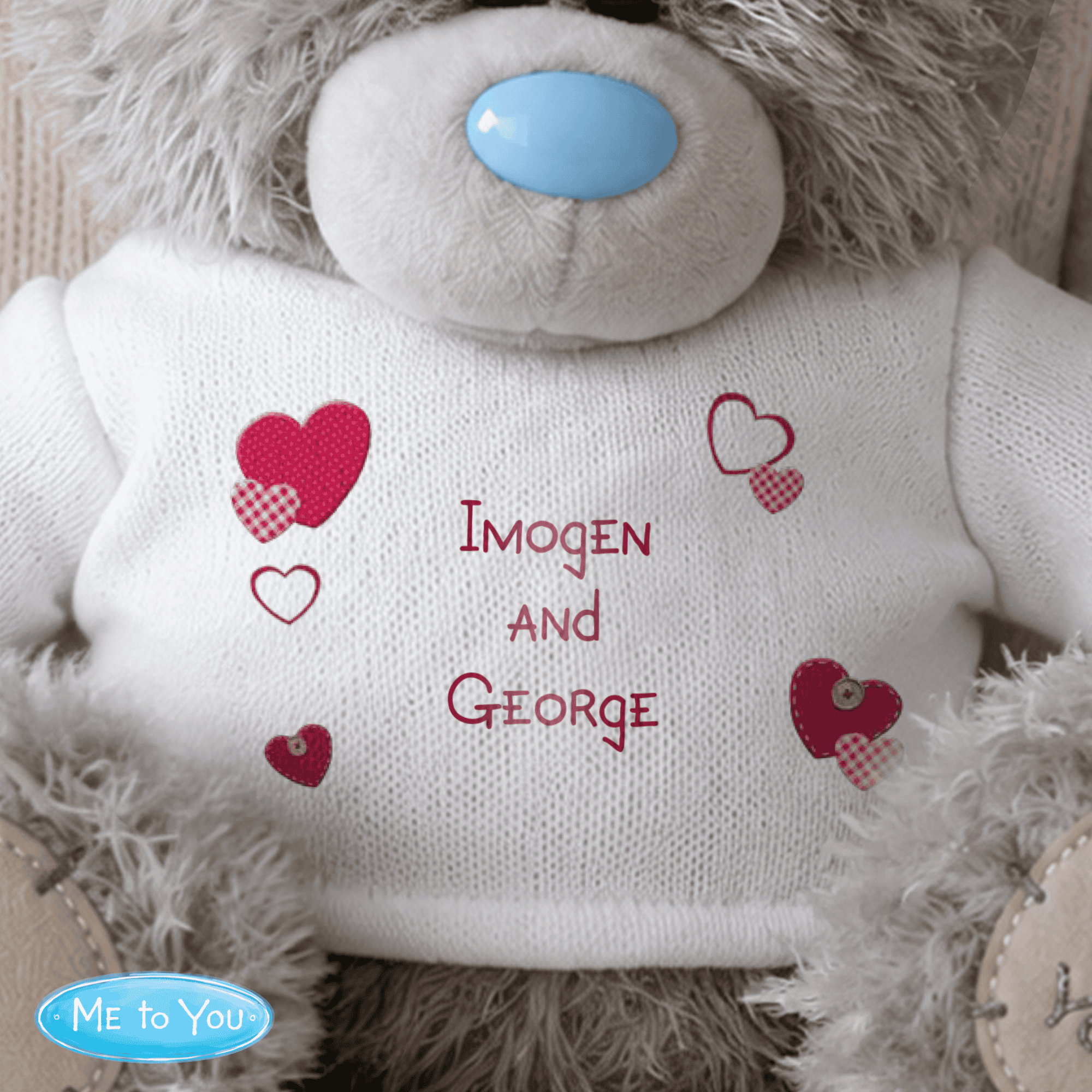 personalised tiny tatty teddy bear with any message personalised over 3 lines on the white jumper with red hearts