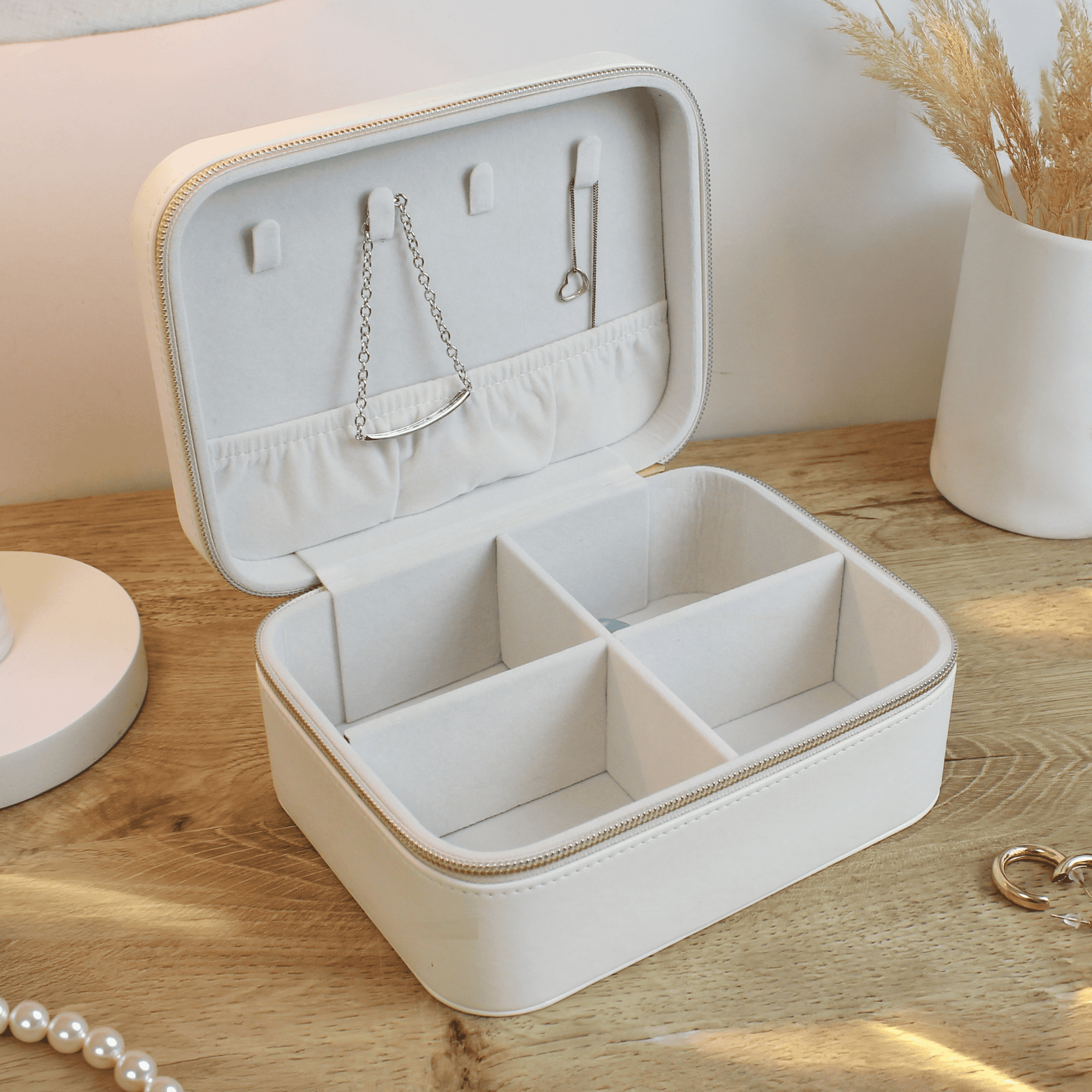 personalised white travel jewellery box showing the inside.
