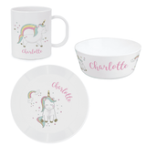 personalised breakfast set with a unicorn desgin each item is personalised with a name