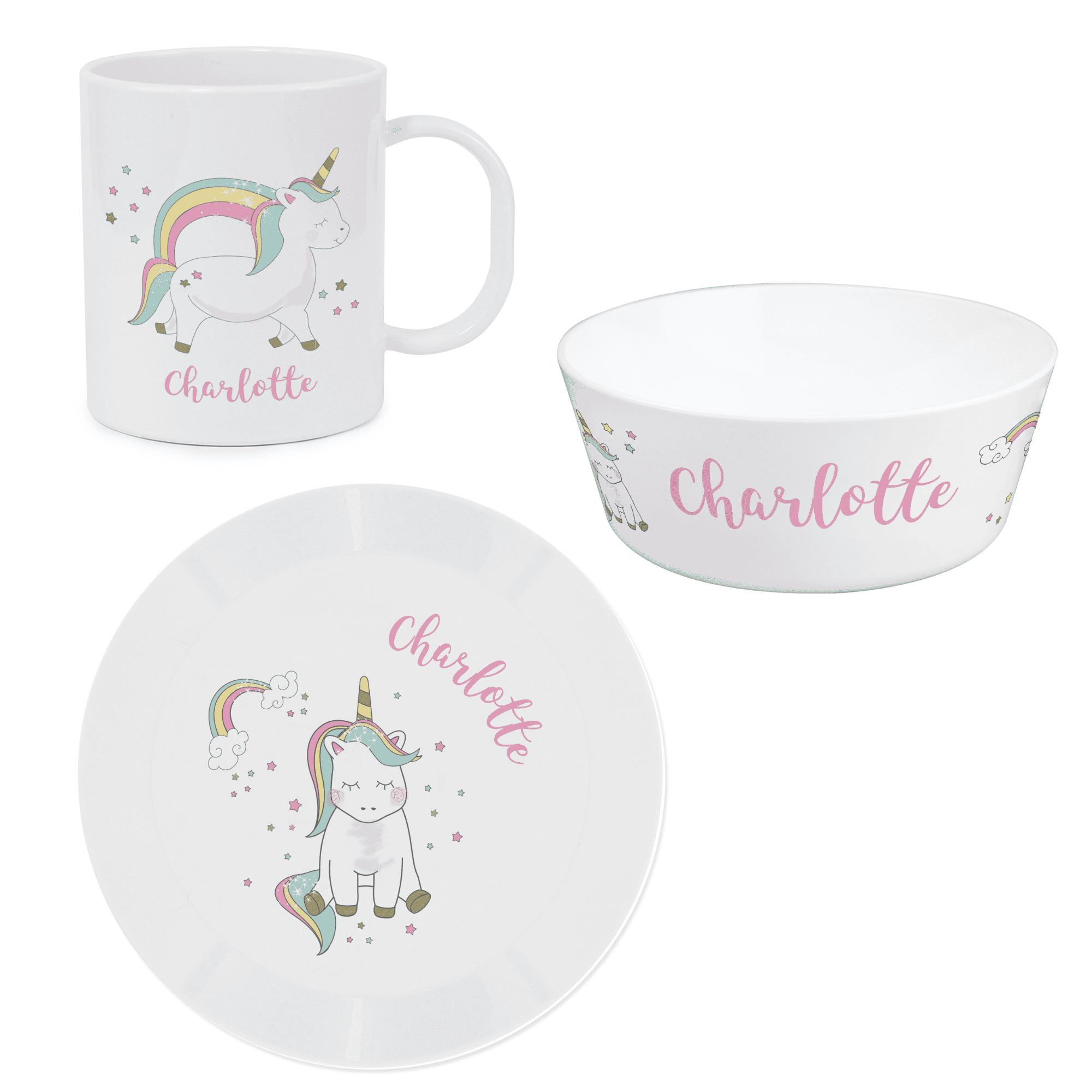 personalised breakfast set with a unicorn desgin each item is personalised with a name