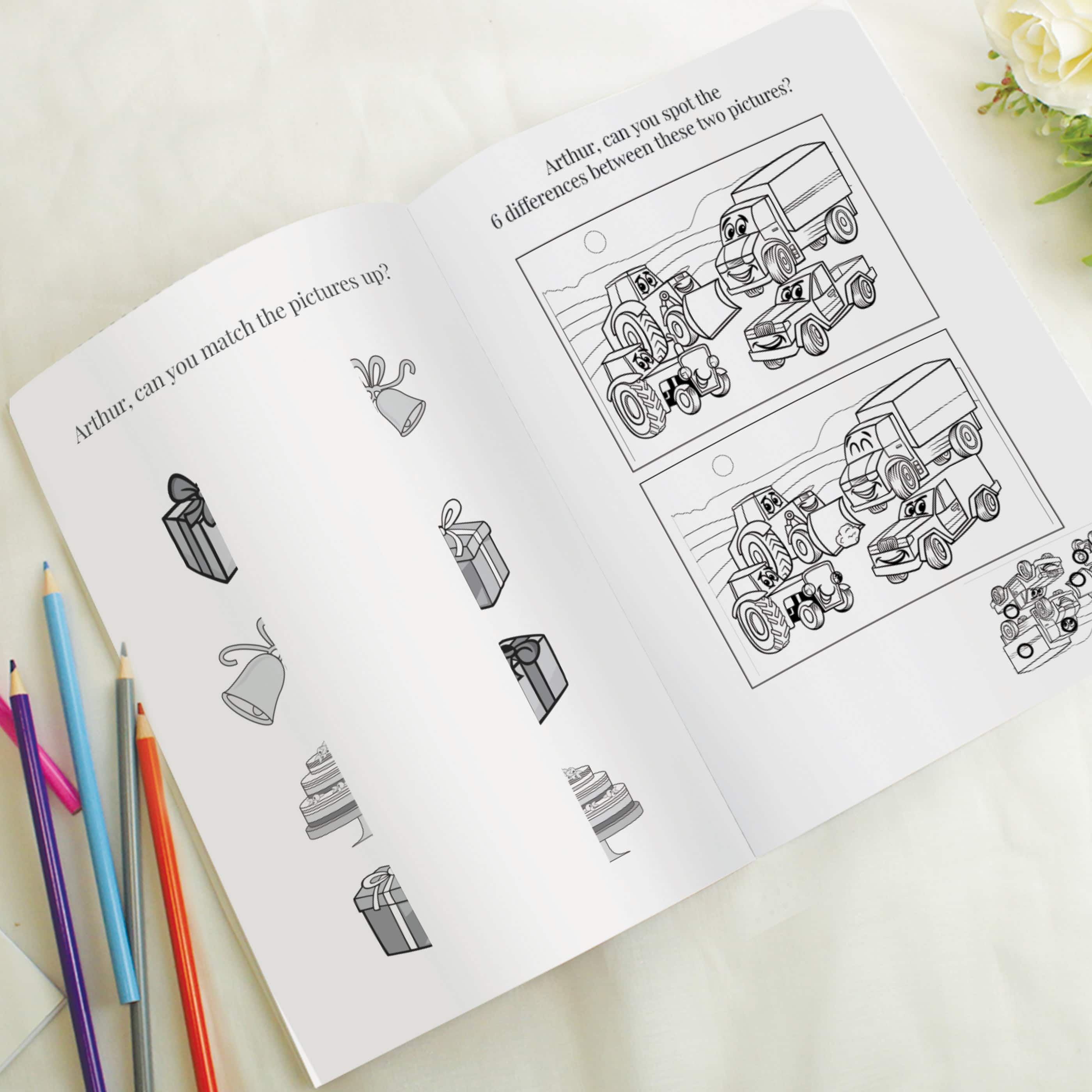 personalised wedding acitivity book for boys showing the inside personalised with the child's name on every page