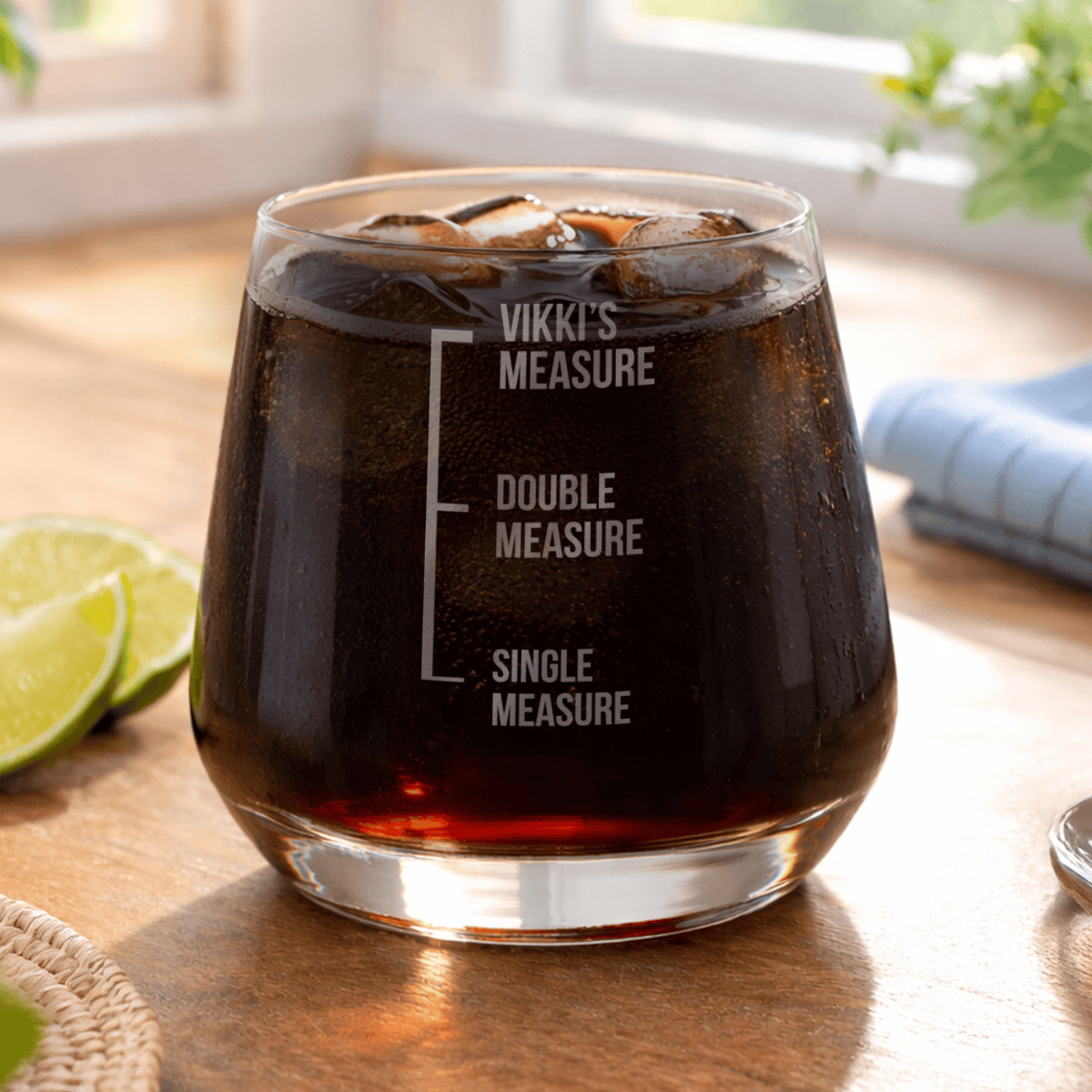 personalised glass whisky tumbler showing the name engraved on the glass