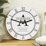 personalised white family clock with initial, surname and message.