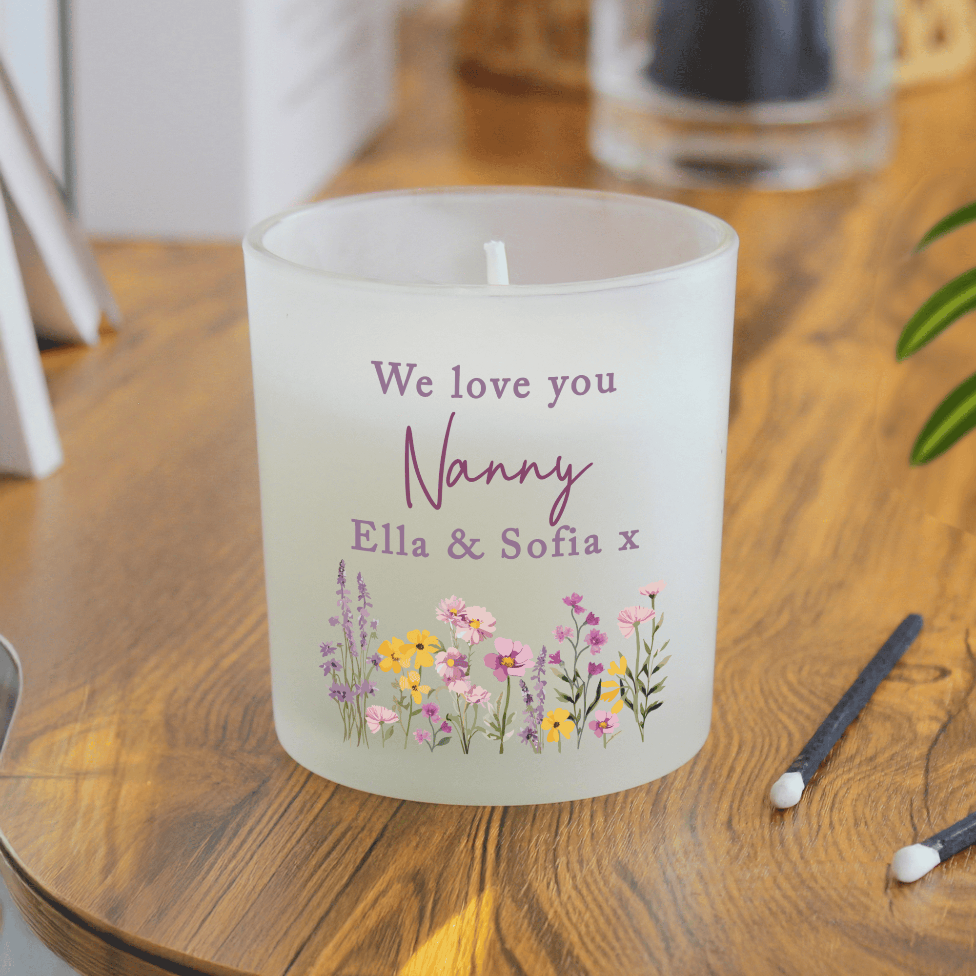 Personalised Wild Flower Jar Candle displayed in a home setting