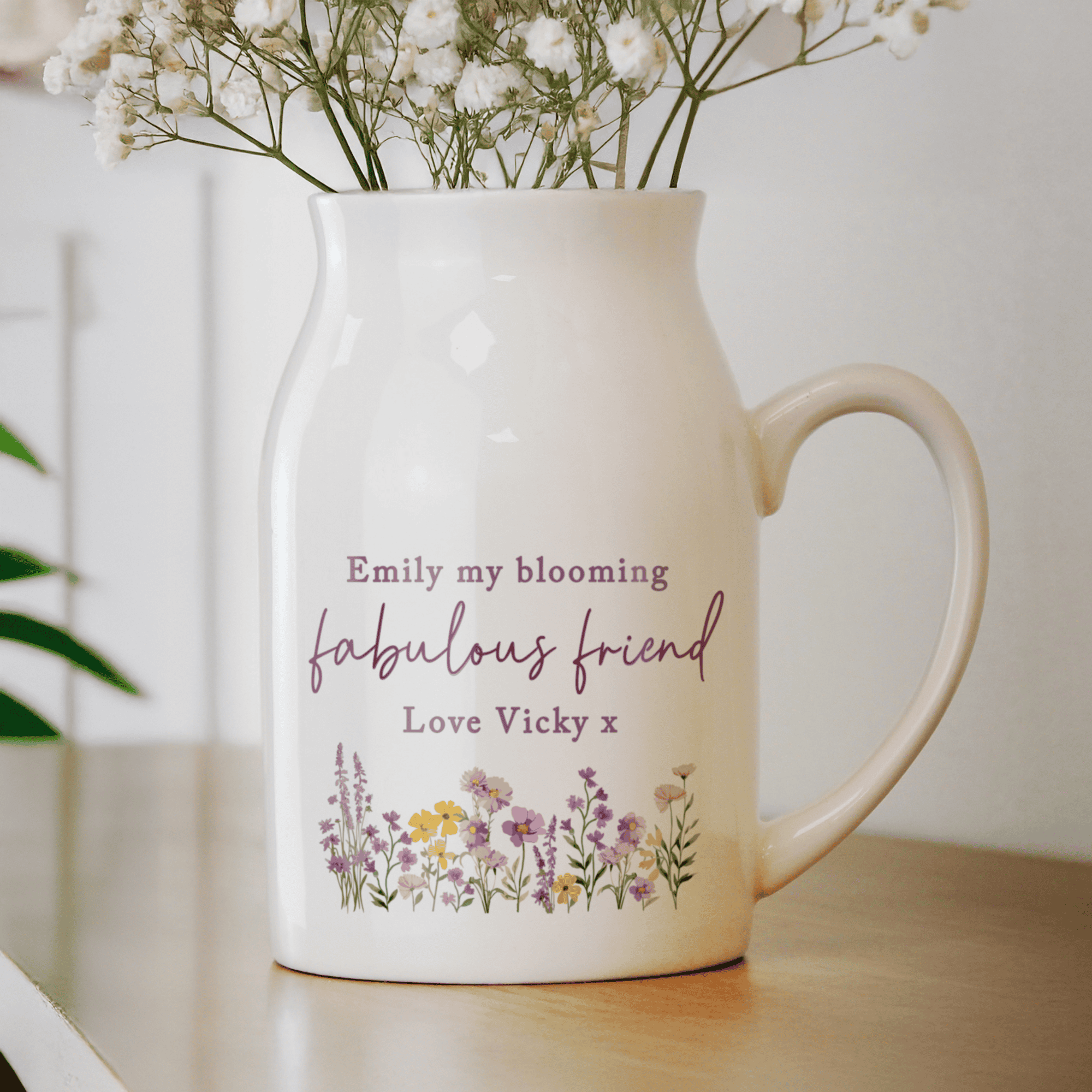ceramic wild flowers personalised floral jug with any message over 3 lines which will appear about the design