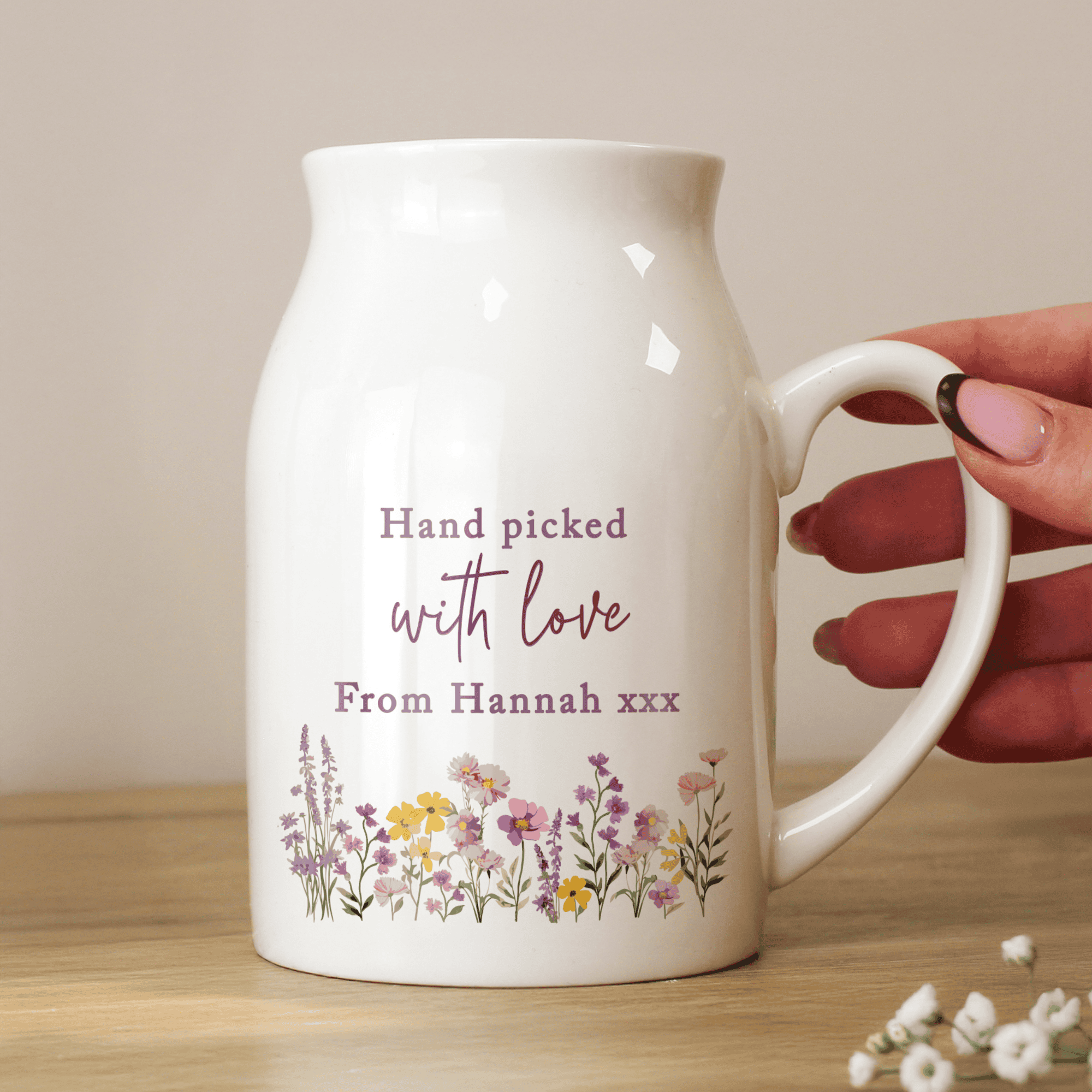 ceramic wild flowers personalised floral jug with any message over 3 lines which will appear about the design