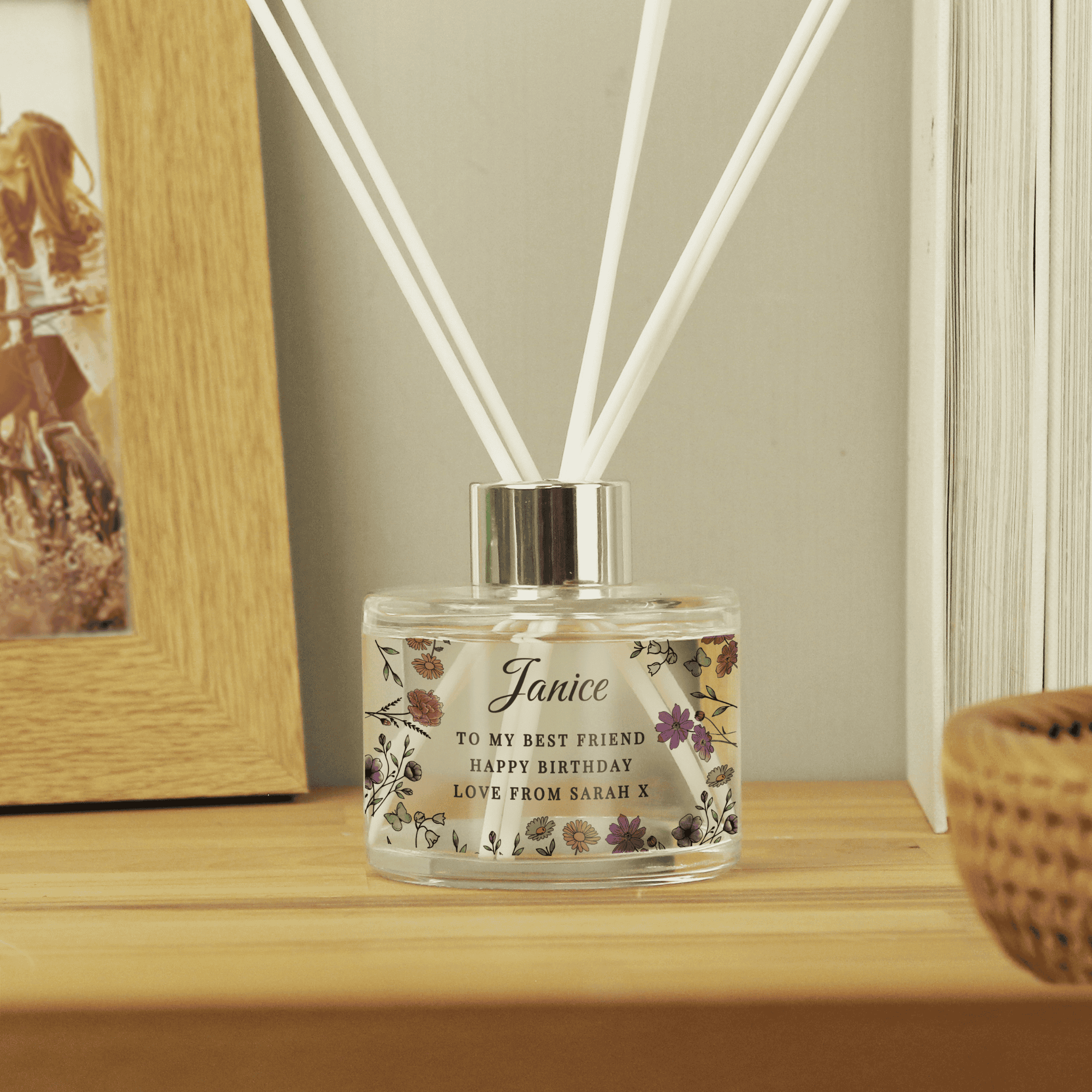 personalised wild flowers reed diffuser with any name and message over 3 lines added to the front
