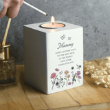 tealight holder with a wild flowers design personalised with a name in larger font and any message over 6 lines
