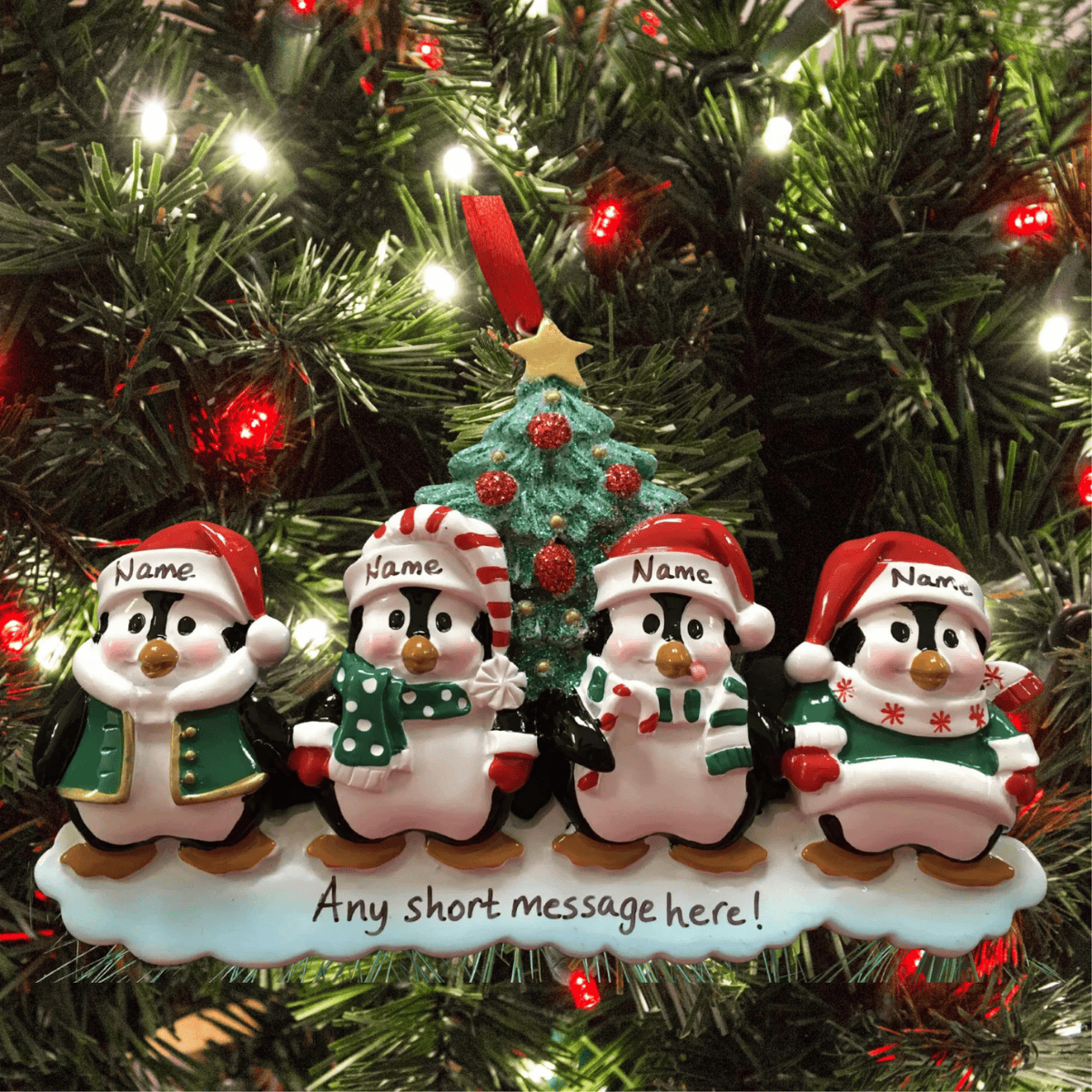 personalised penguin family christmas tree decoration for a family of 4