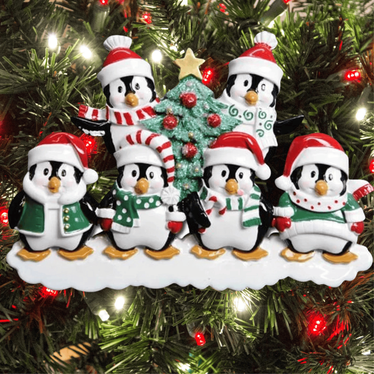 personalised penguin family christmas tree decoration for a family of 6