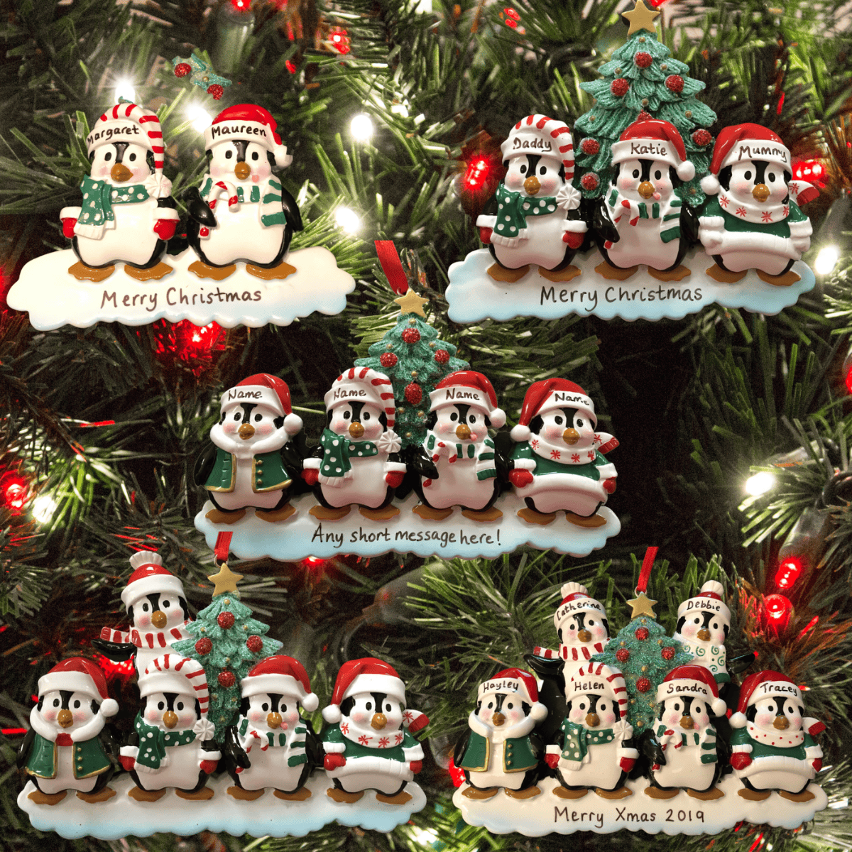 personalised penguin christmas tree decoration showing the collage
