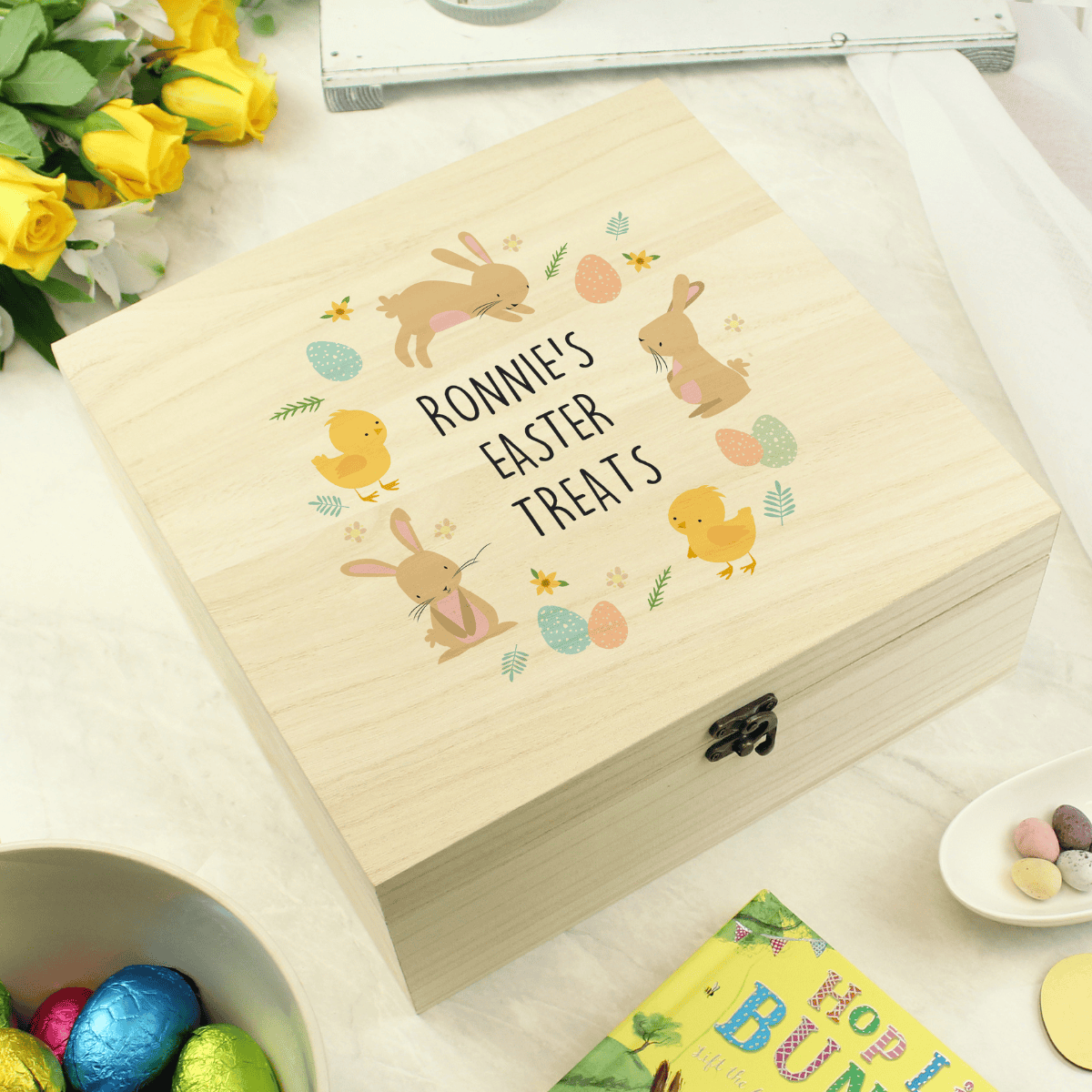 personalised wooden easter box showing the personalisation on the front