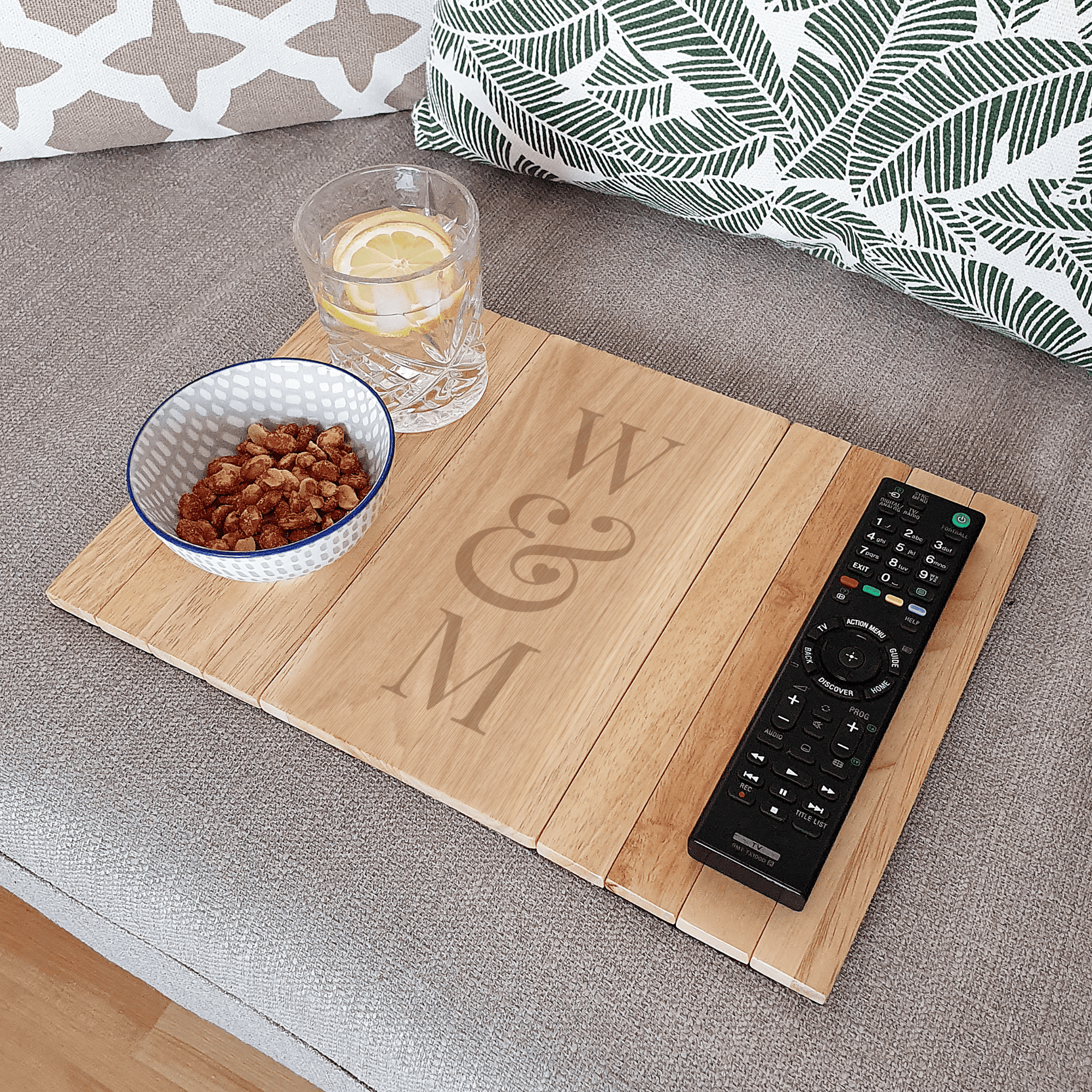 personalised wooden sofa tray engraved with 2 initials