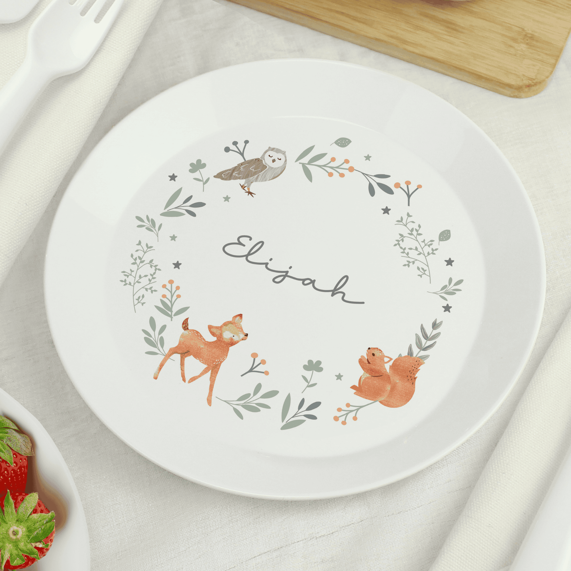 personalised woodland animal toddler plate personalised with any name in the centre around an animal design