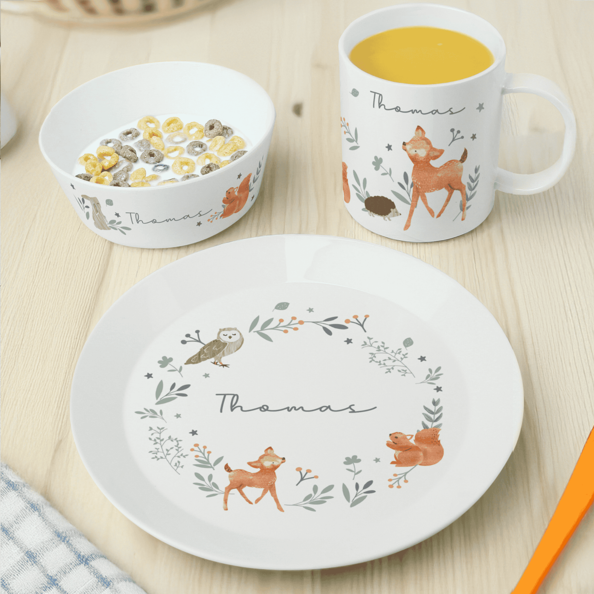 personalised woodland animal breakfast set each piece personalised with the child's name