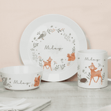 personalised woodland animal breakfast set each piece personalised with the child's name