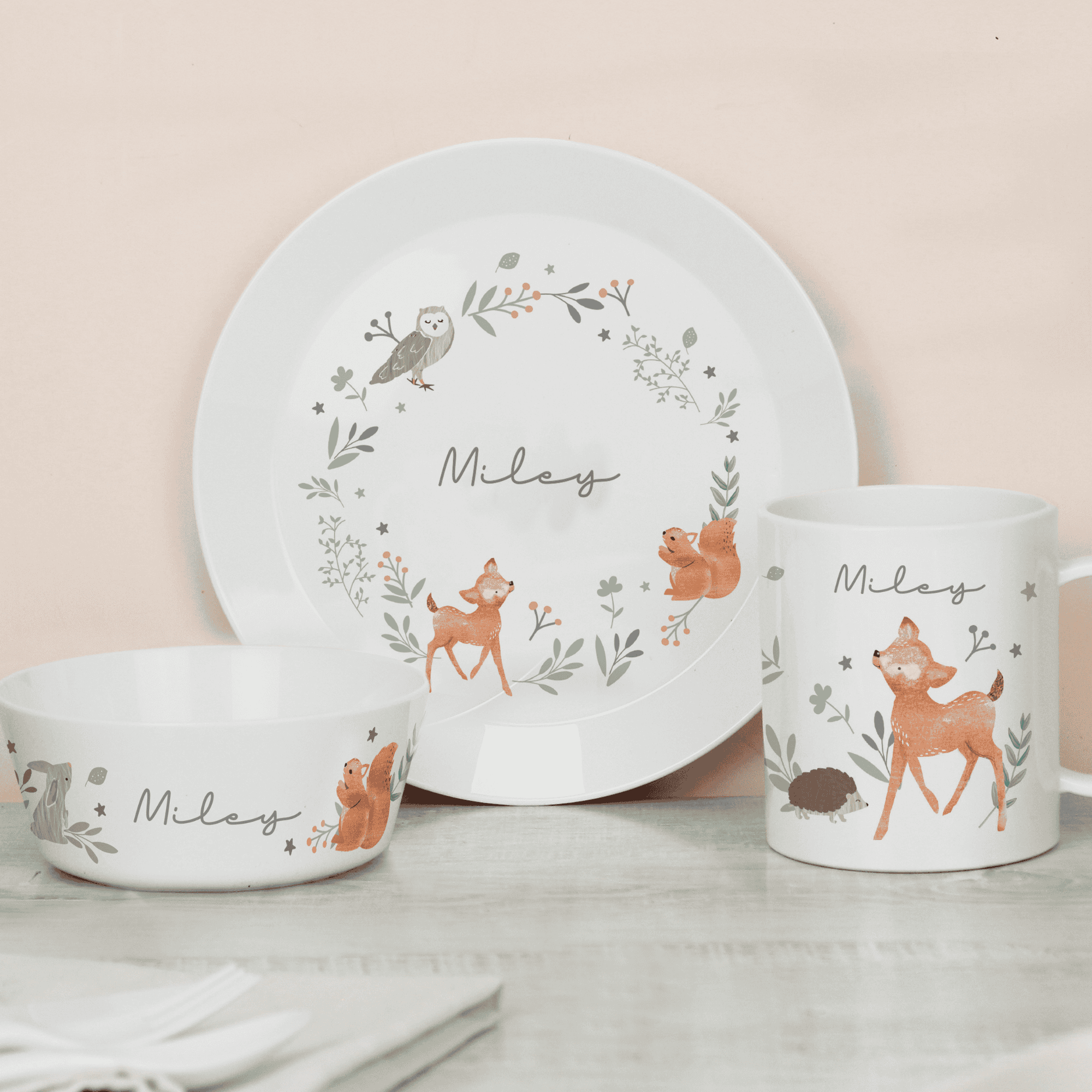 personalised woodland animal breakfast set each piece personalised with the child's name