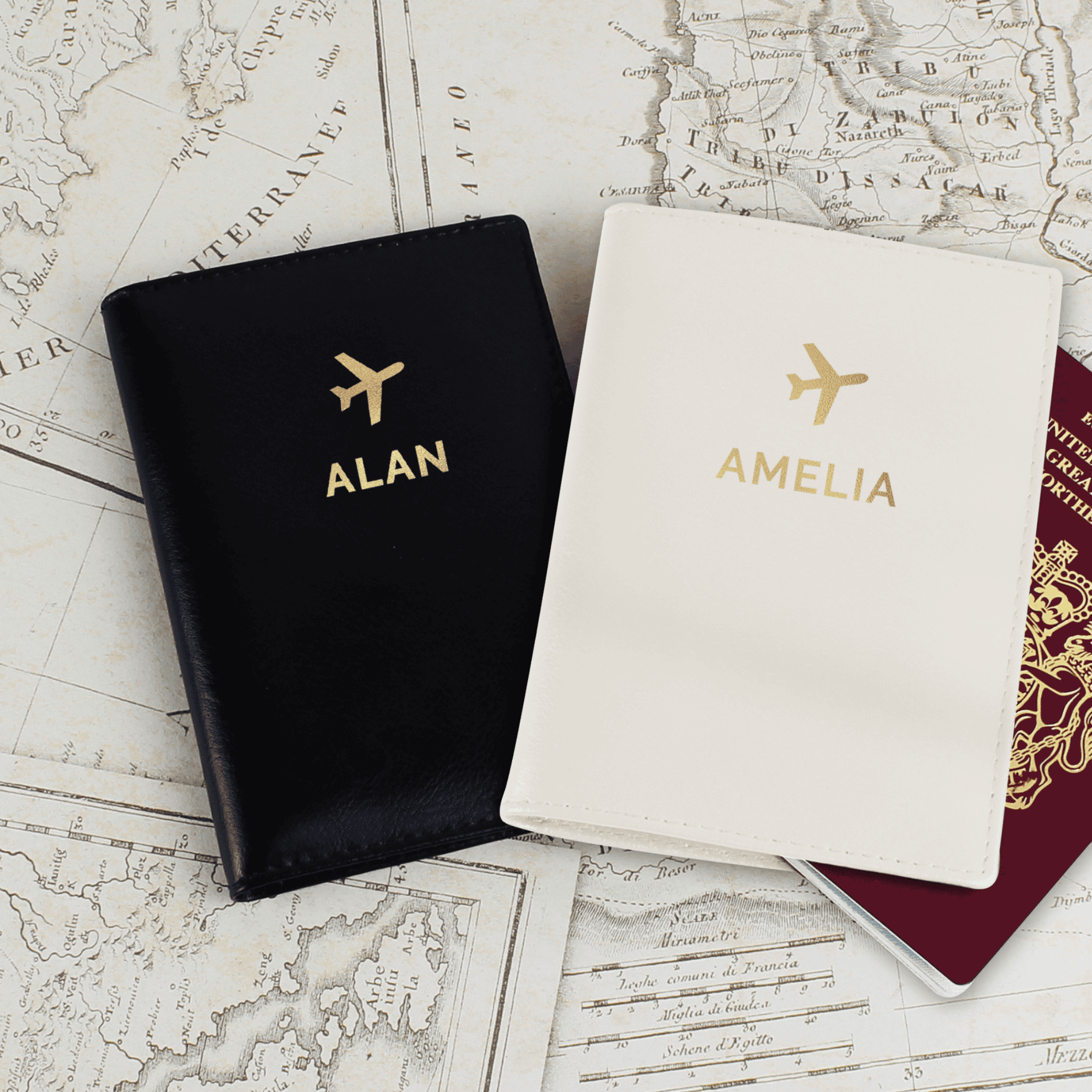 Personalised gold letter passport covers. one is black one is cream