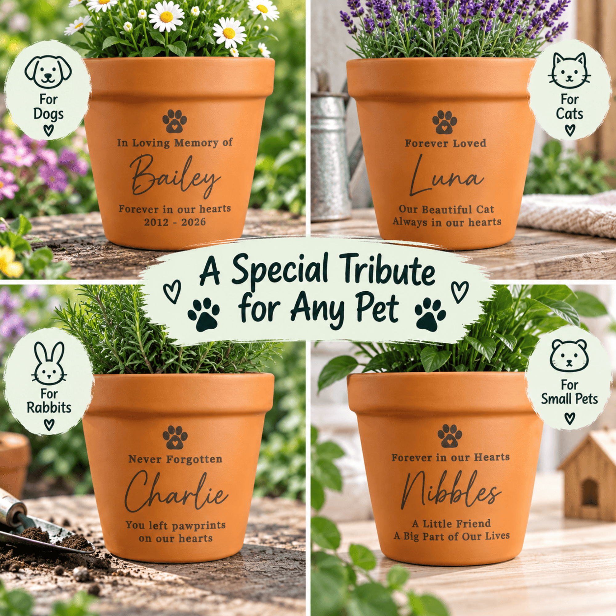 personalised memorial terracotta plant pot with the pets name and message