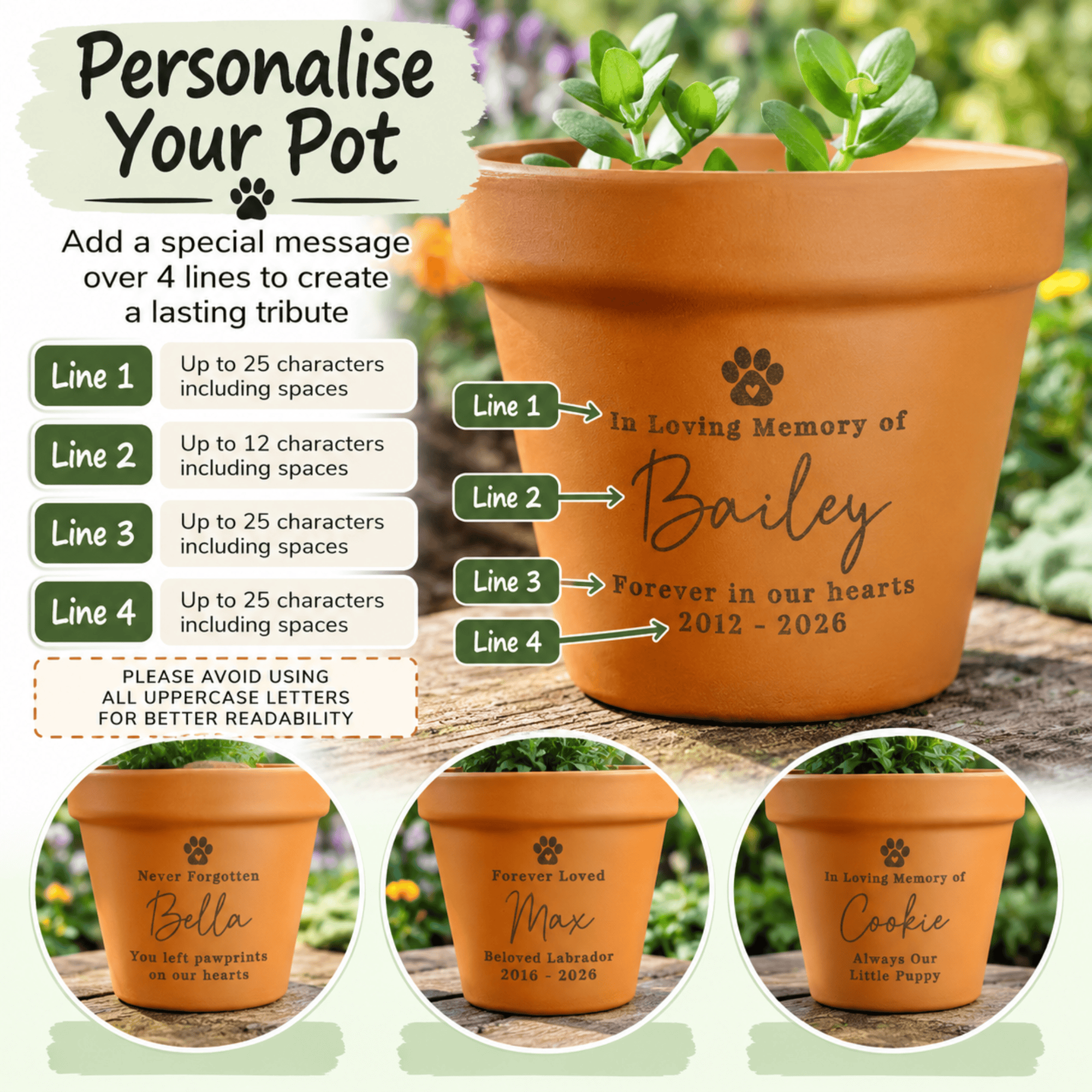 personalised memorial terracotta plant pot with the pets name and message