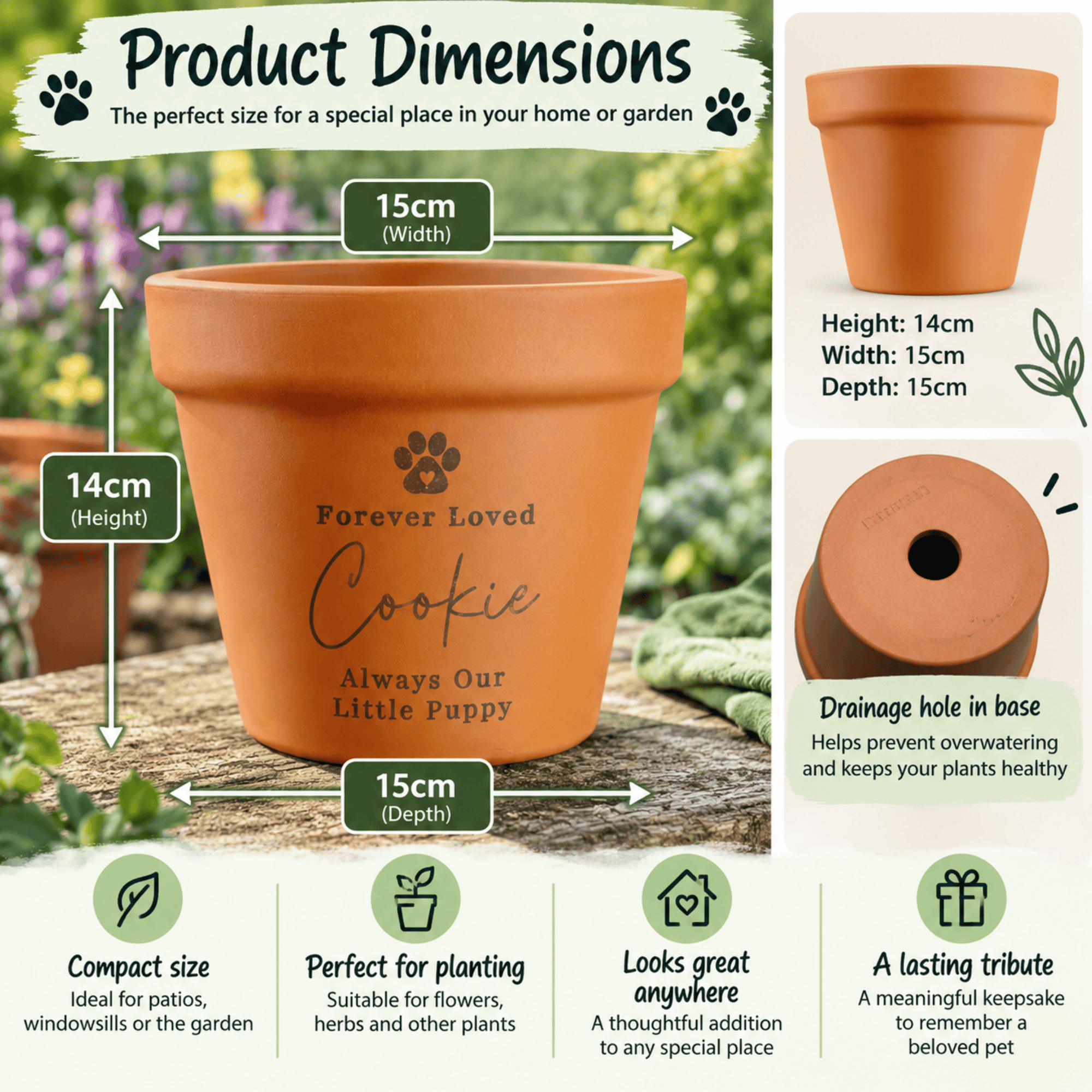 personalised memorial terracotta plant pot with the pets name and message
