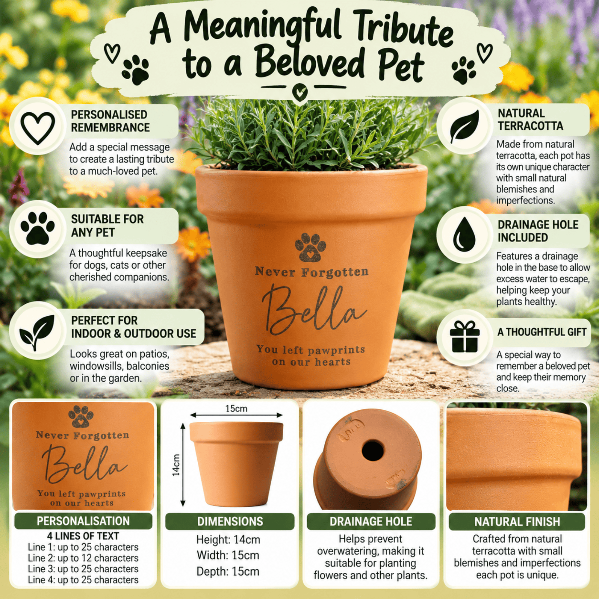 personalised memorial terracotta plant pot with the pets name and message