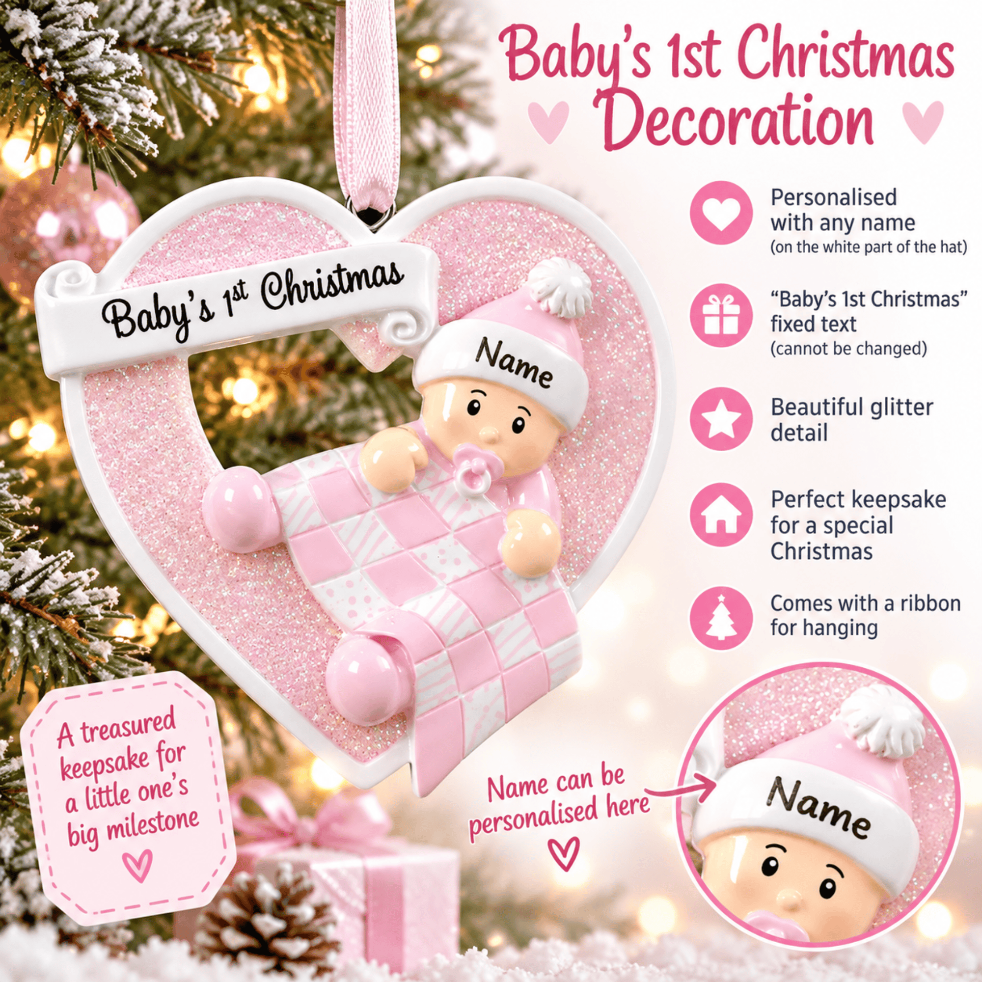 personalised pink heart christmas tree decoration