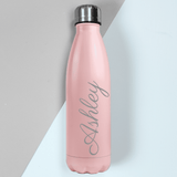 personalisedpink insulated drinks bottle with any name written down the side of the bottle