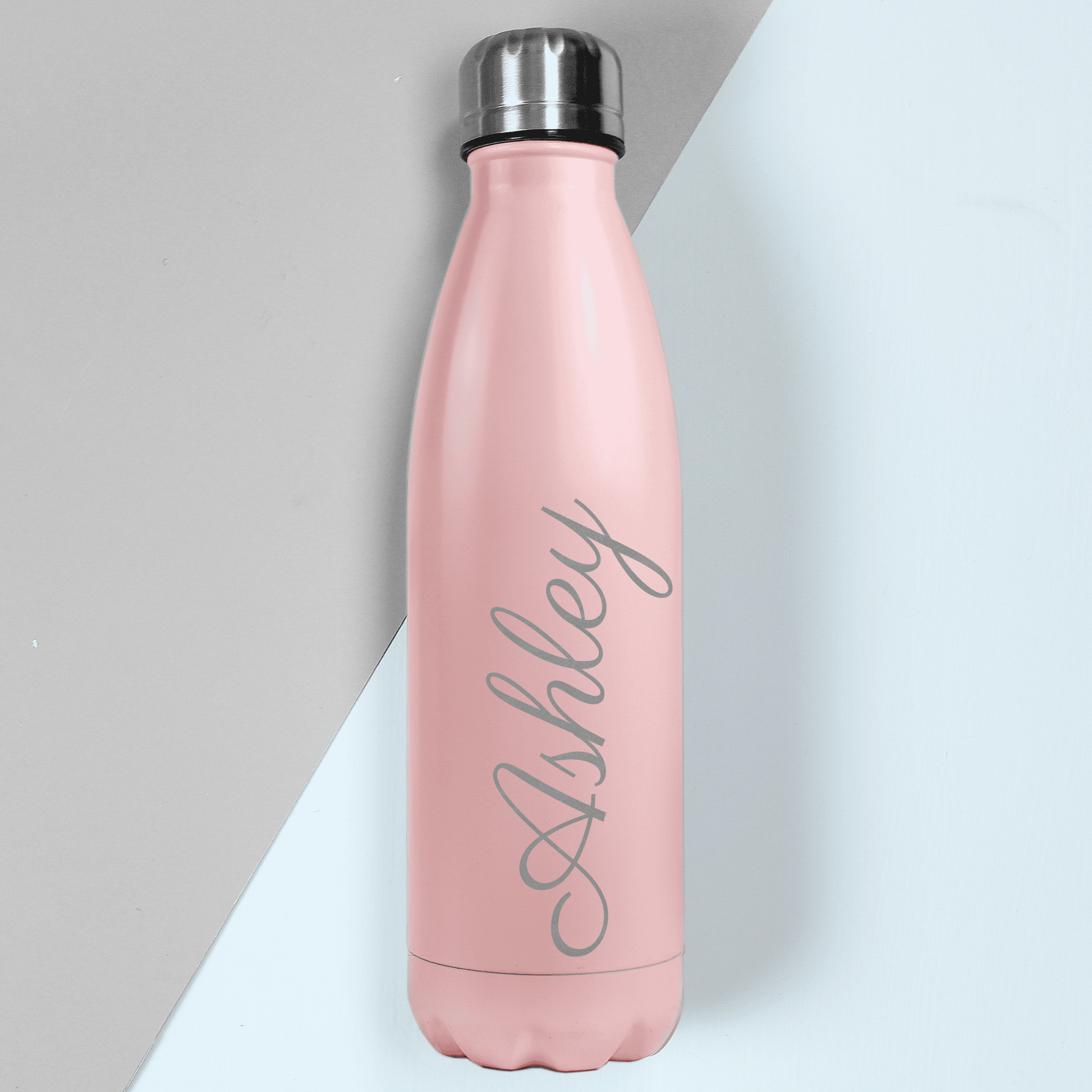 personalisedpink insulated drinks bottle with any name written down the side of the bottle