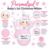 personalised baby mitten christmas tree decoration personalised with a name on the hat and a year on the mitten