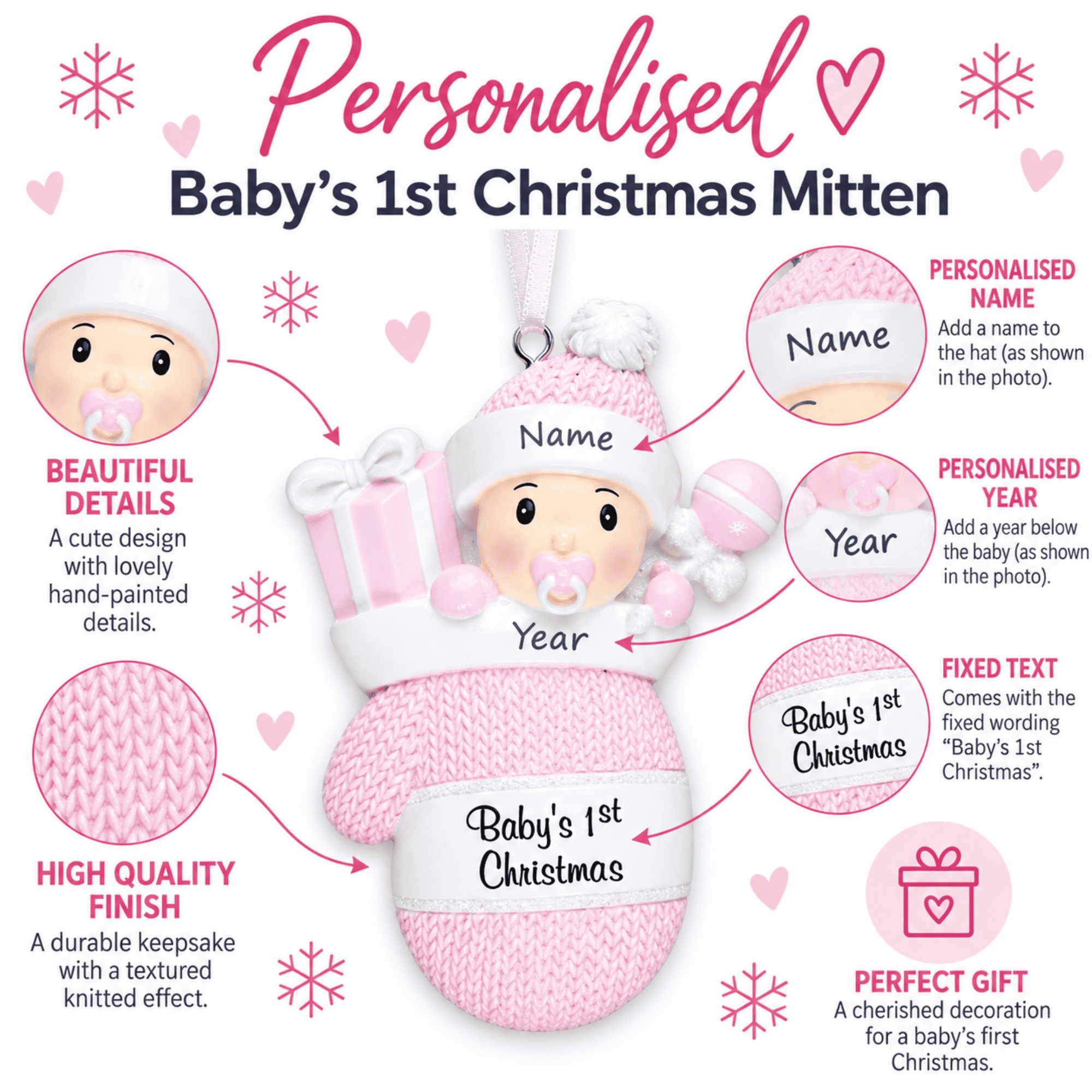 personalised baby mitten christmas tree decoration personalised with a name on the hat and a year on the mitten