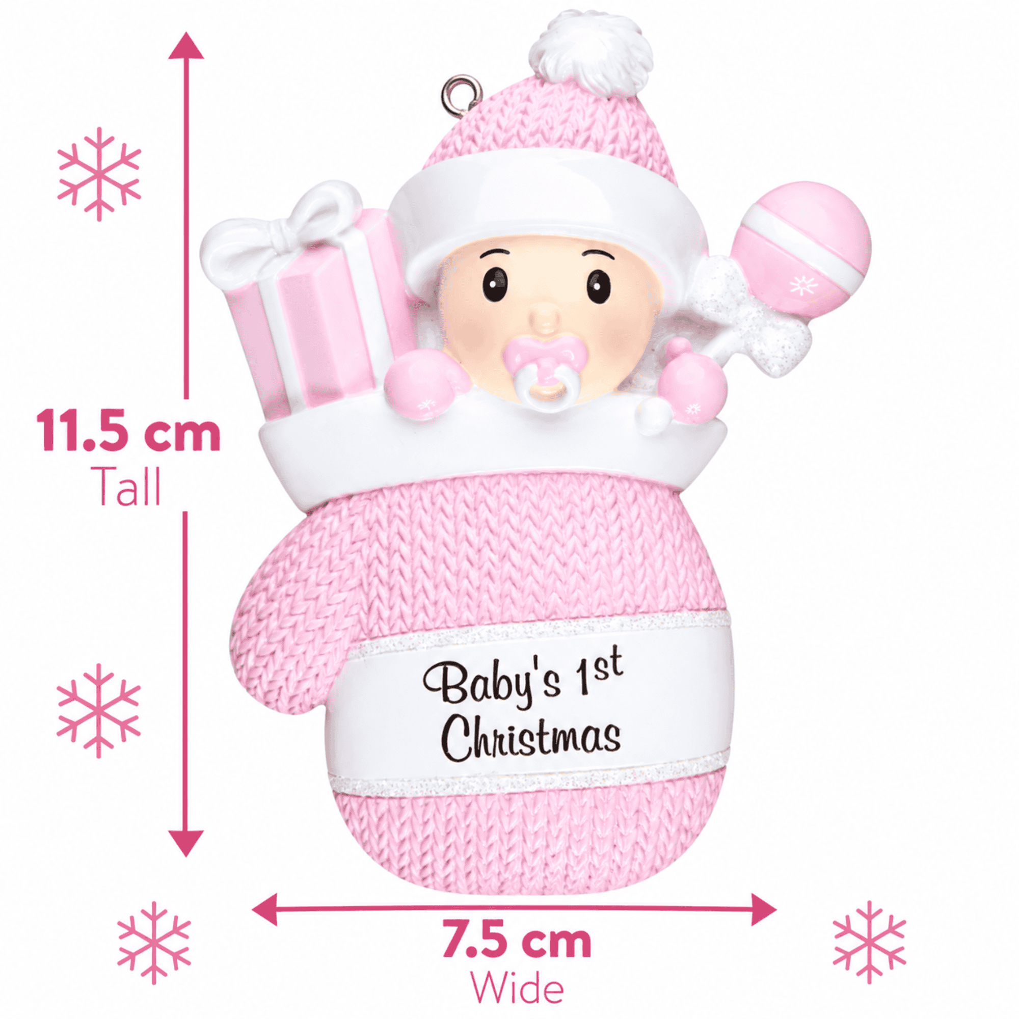 personalised baby mitten christmas tree decoration personalised with a name on the hat and a year on the mitten
