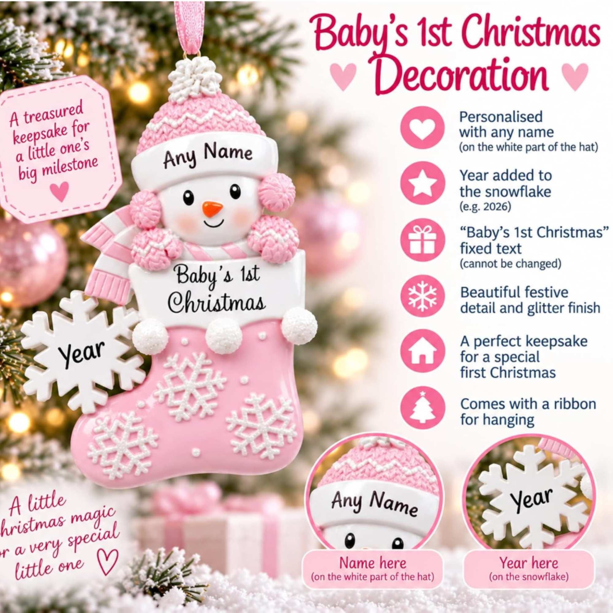 personalised pink stocking first christmas tree decoration