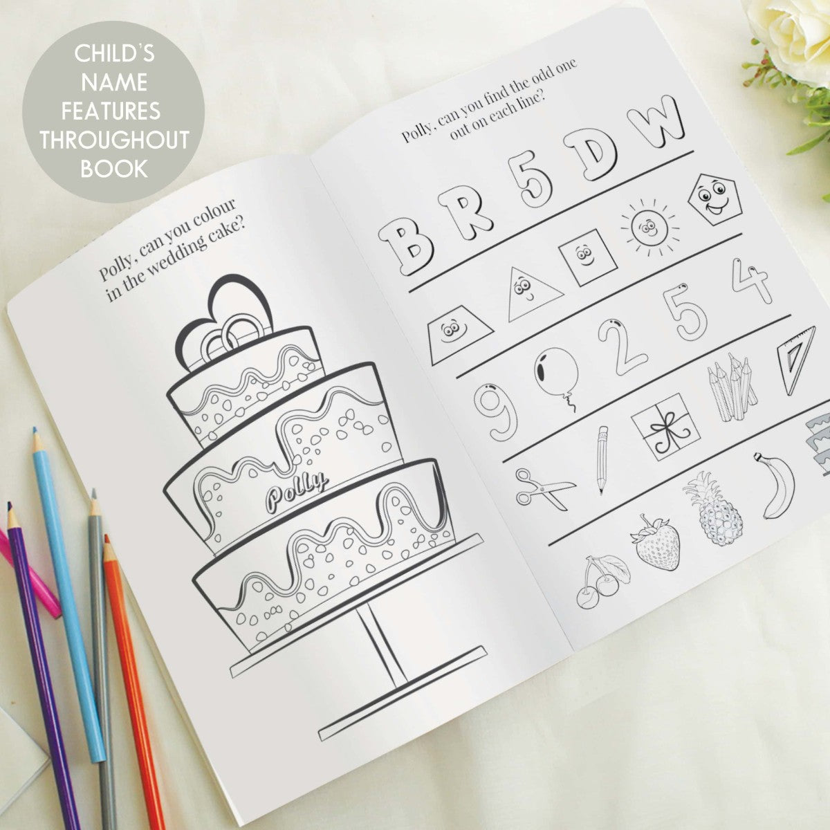 personalised pink acitivity book showing the inside of the book with the child's name personalised on every page