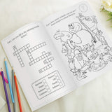 personalised pink acitivity book showing the inside of the book with the child's name personalised on every page