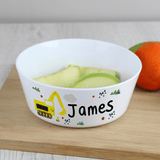 personalised plastic digger bowl with any name personalised on the side beside a digger image
