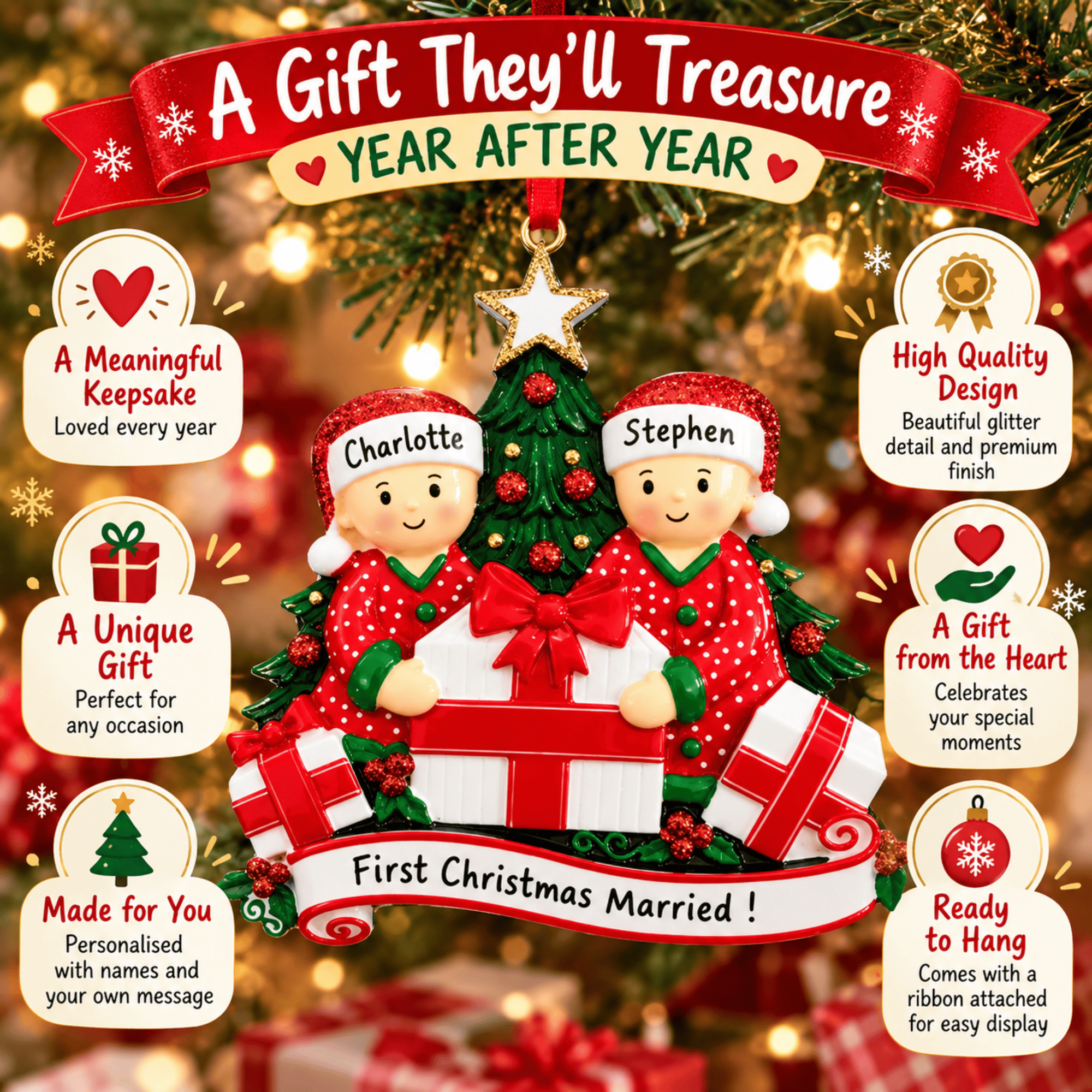 present opening chirstmas tree decoration for 2 people
