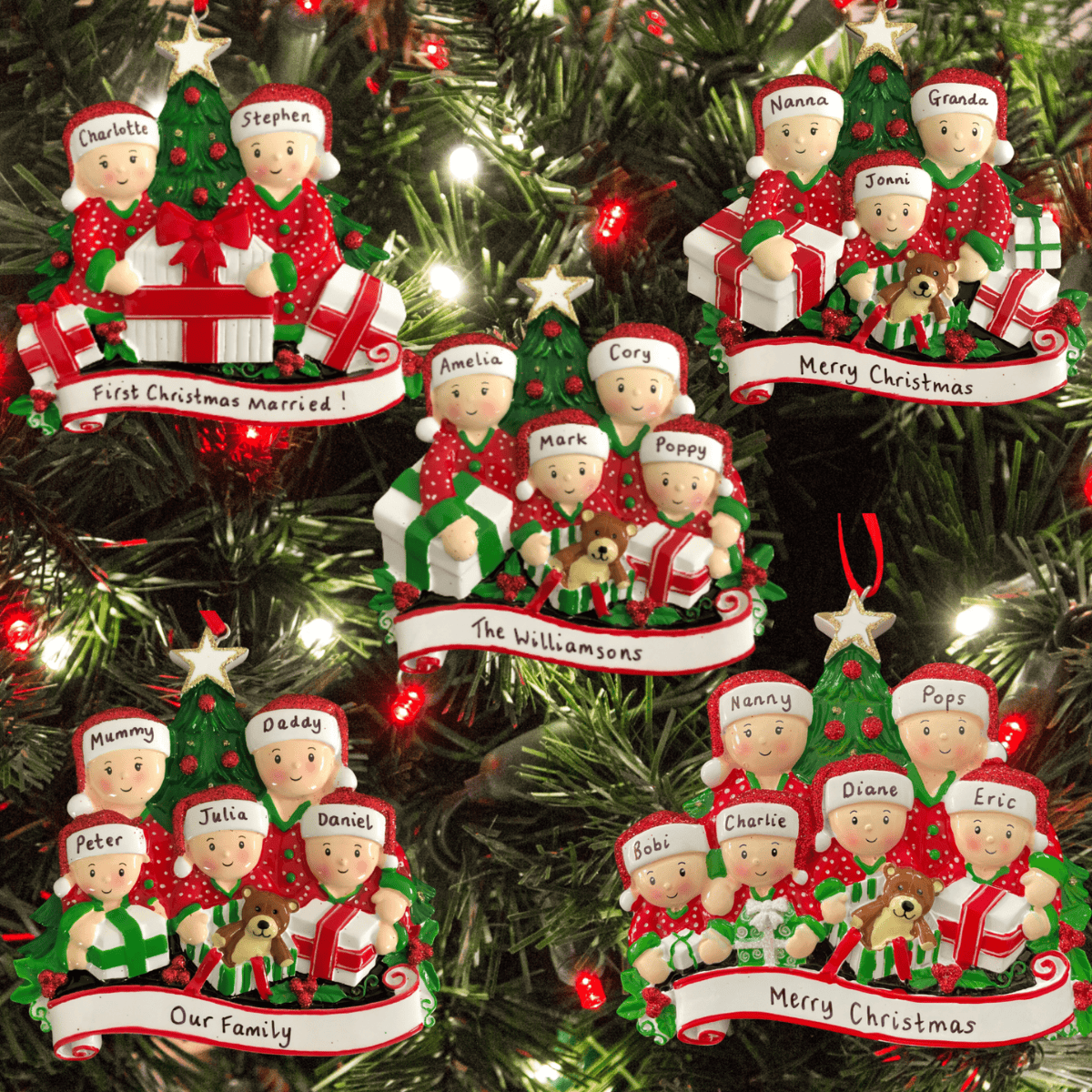 present opening personalised Christmas tree decoration collage