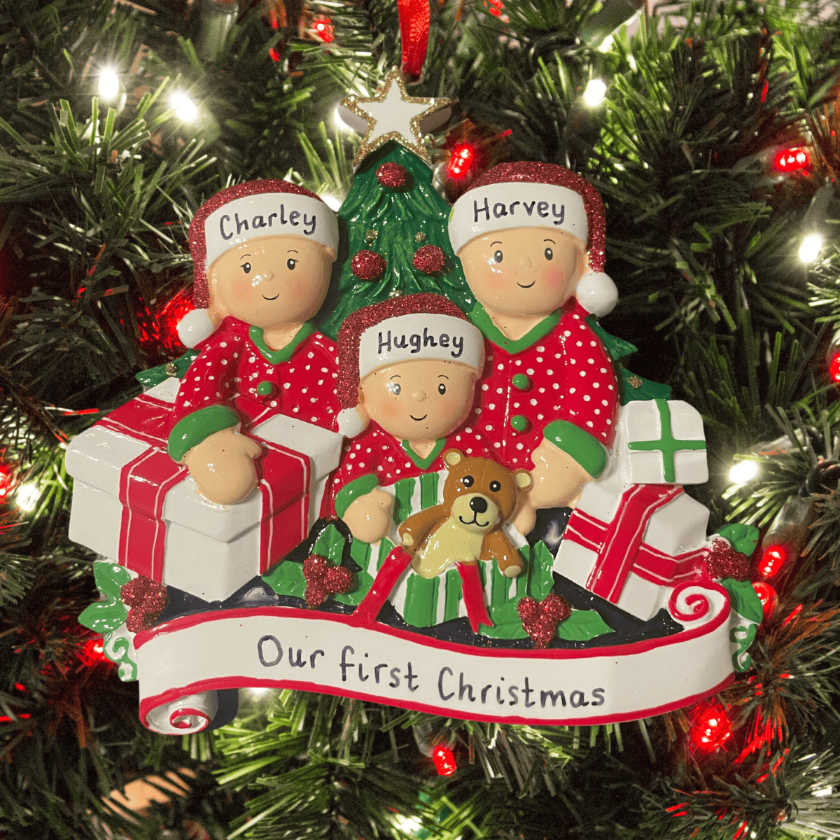 present opening personalised Christmas tree decoration family of 3
