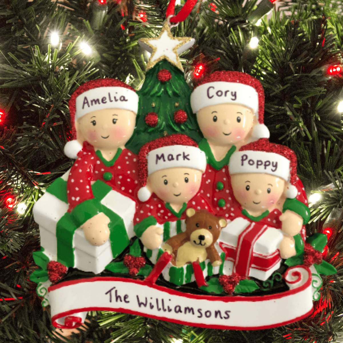 present opening personalised Christmas tree decoration family of 4
