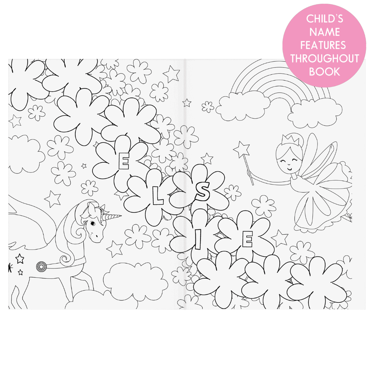 personalised princess and unicorn colouring book showing the inside of the book with the child's name personalised on it