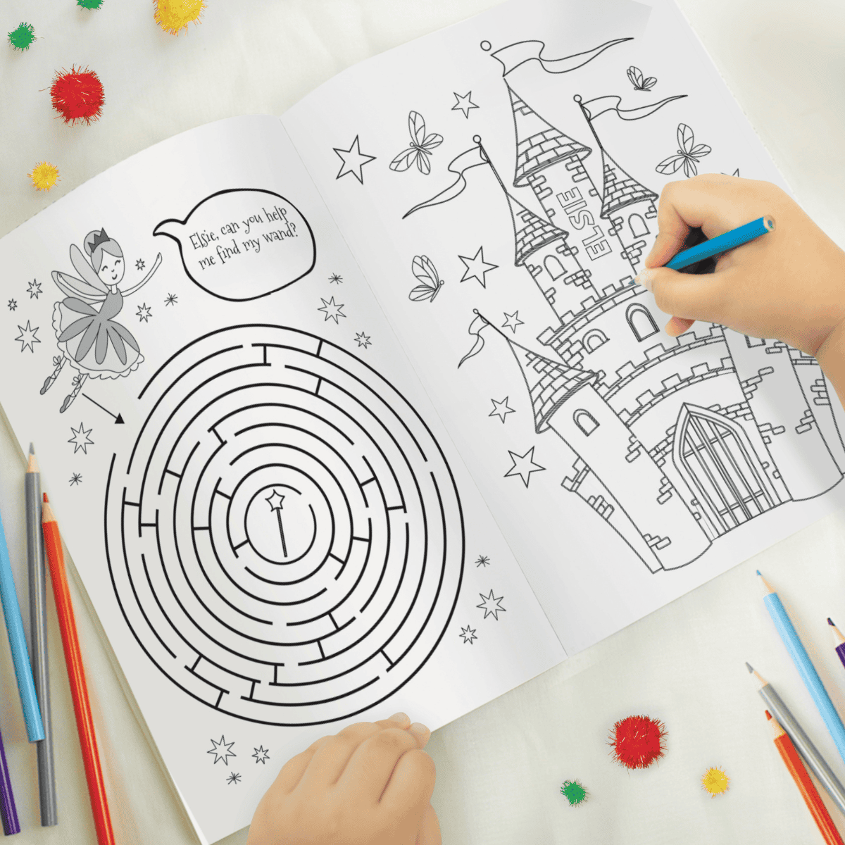 personalised princess and unicorn colouring book showing the inside of the book with the child's name personalised on it