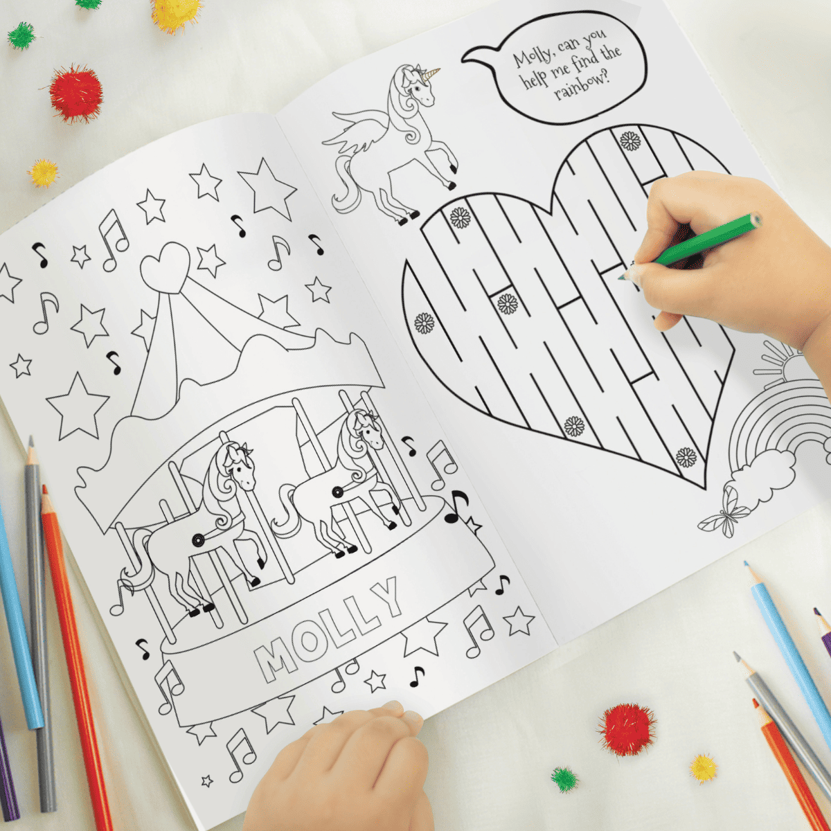 personalised princess and unicorn colouring book showing the inside of the book with the child's name personalised on it